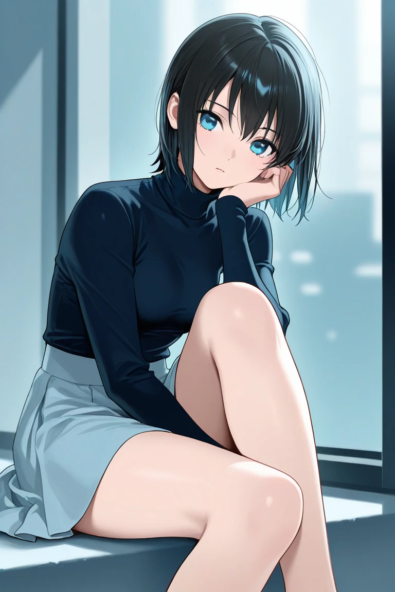 young man, male traits, bob haircut, blue hair, black sweater, blue moletom pants, 4k, In a room, Sit on the bed, brown wooden walls, 4k, rain on the window in the background, distracted smile face ,