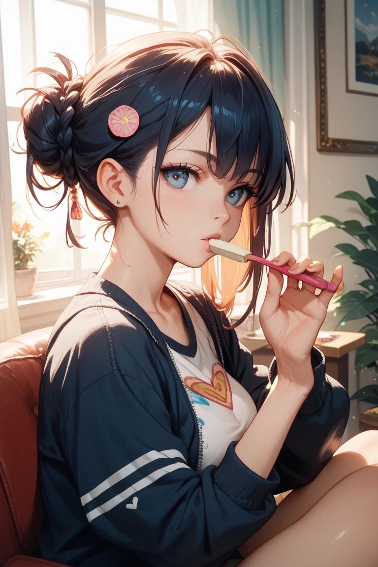 Photorealistic depiction of a beautiful girl with a perfect figure and youthful face, featuring a surprised expression. She has black hair and is sitting at her desk, eating snacks when her boss suddenly appears. Inspired by the vibrant energy of J-POP, with a cinematic composition, trending on ArtStation