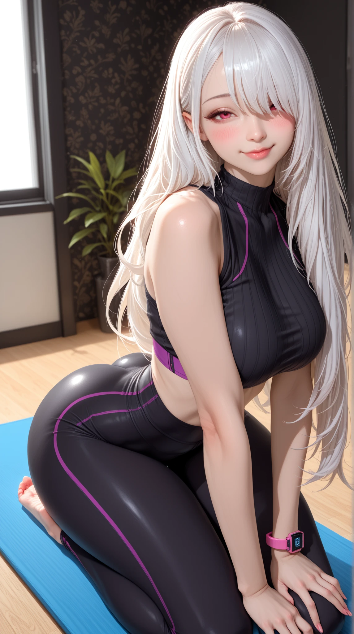, school girl, sports bra, short , ponytail, fit clothes, red eyes, silver hair, camel toe,Lying with legs spread, Translucent dress,