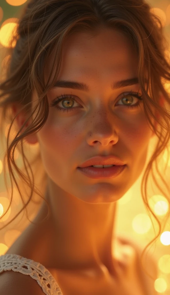 A mesmerizing close-up portrait of a singer illuminated by the soft golden light of a quiet morning, with vibrant bokeh balls gently framing her delicate shape.