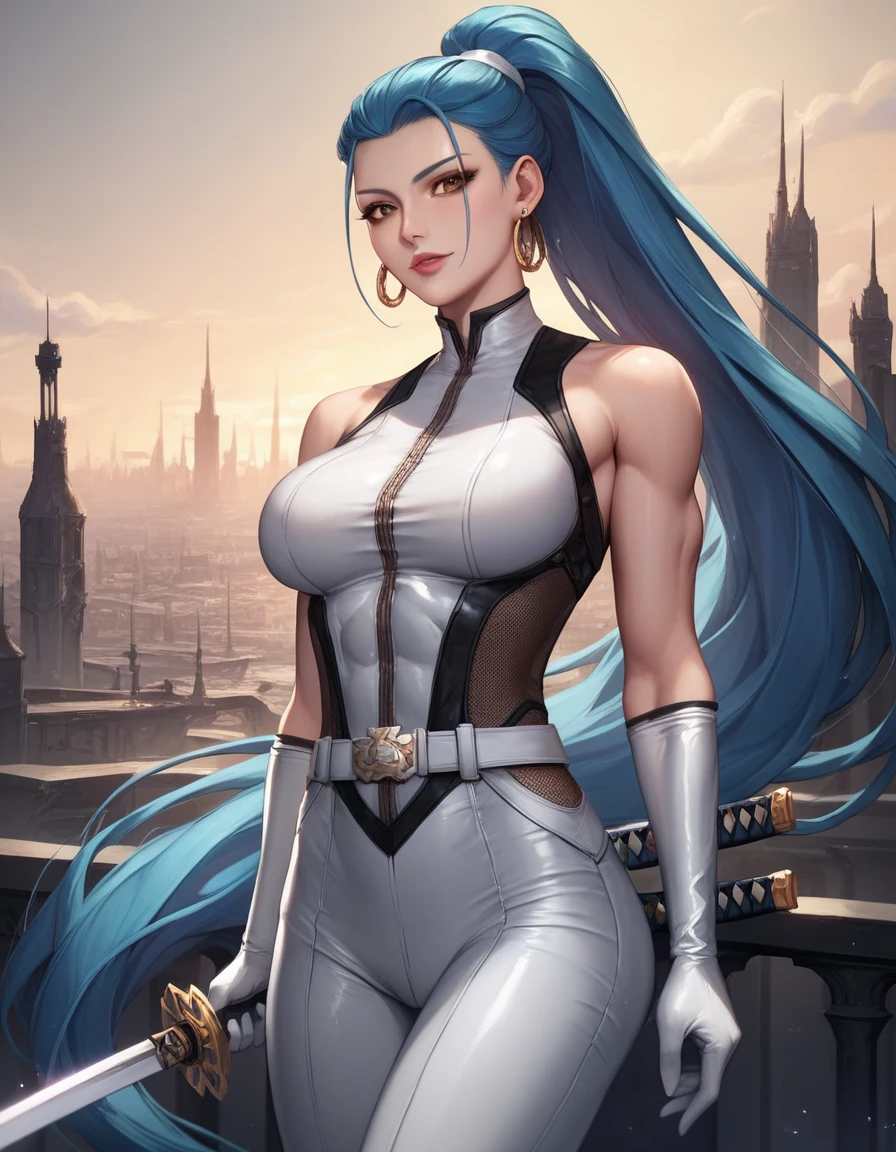 Unreal Engine 5, Realistic Rendering, Excellent, blue jacket, tank top, yoga pants, tight, milf, looking on viewer, 3dcg, cgi, 1girl standing on castle, beautiful face, makeup, (photorealism:1.2), photorealistic, ultrarealistic uhd face, (huge fake breasts:1.4), (gigantic breasts:1.1), (muscle abs), (wide hips), (thick thighs), slim waist, full figure, (big buttock), shiny skin, bokeh, masterpiece, highres, 1080P, UHD, ((she is perfect body)),