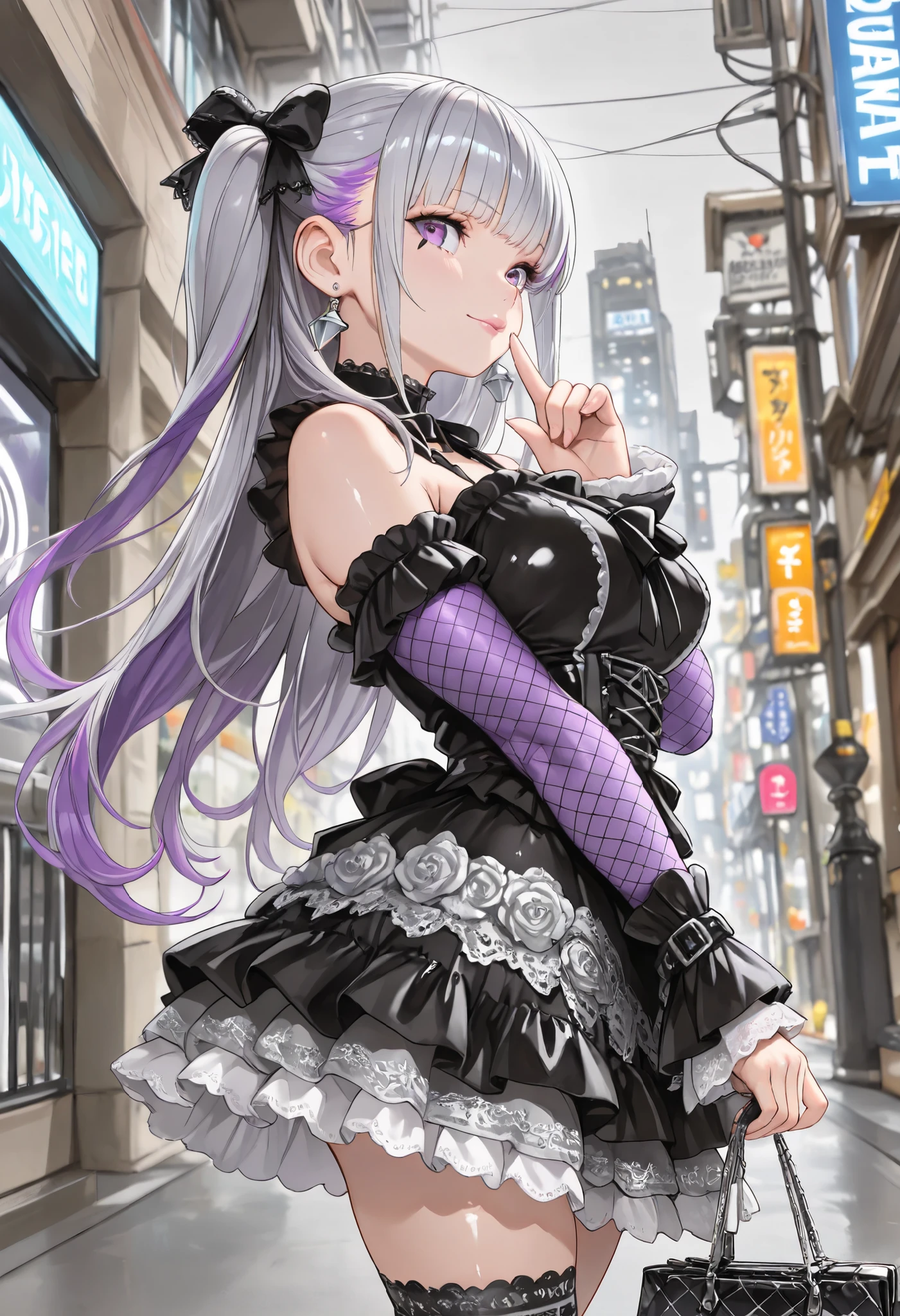 ( spade_echo ), hololive, 1girl, (masterpiece), (best-quality), (detailed), pink hair, light_green_eyes, cute, medium_breasts, short hair, double_bun, mini_hat, looking at viewer, facing viewer, park, road, lamp, city, tree, full_body, heart_ahoge,