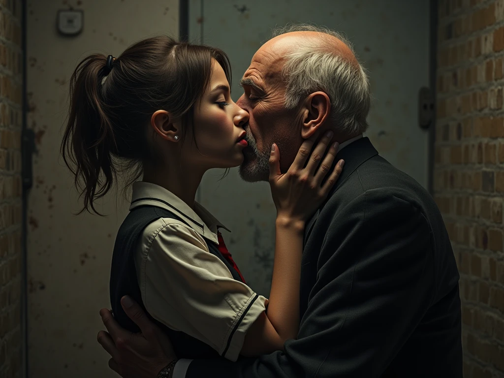 chica rubia, camiseta sin mangas, top sexy, top rojo, pechos medianos, 4k, alta calidad, Kissing the 60-year-old man on the mouth