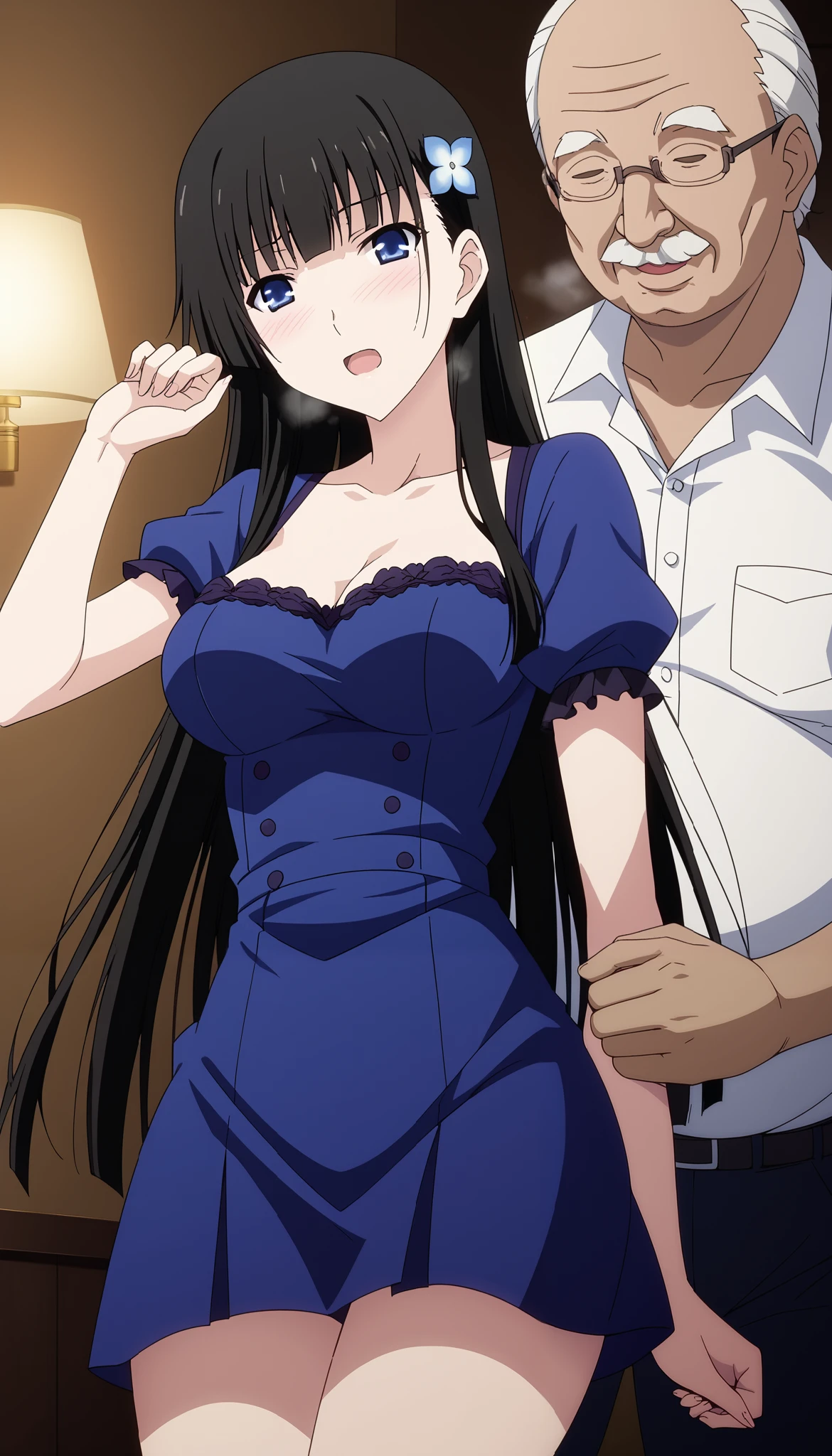 rea sanka (Reiya Sanka)、((( having an affair with an old man)))、(((Breast massage from behind)))、navy blue short sleeve dress、((arm raising pose))、(((medium breasts)))、Chest Valley、( is embarrassing)、((blush))、(( ashamed))、room、indoor、 Ulchan-6500-v1.1, ( RAW photos :1.2),  beautiful detailed , very detailed目 美しい目, beautiful eyes、 Blue Eyes 、 large file size, high resolution, very detailed, top quality, [masterpiece:1.6], Awareness-raising, very detailed, CG, finely, top quality, 8K wallpaper,  Perfect Body 、dynamic、very detailed、long hair、 black hair、thighs、Breathing