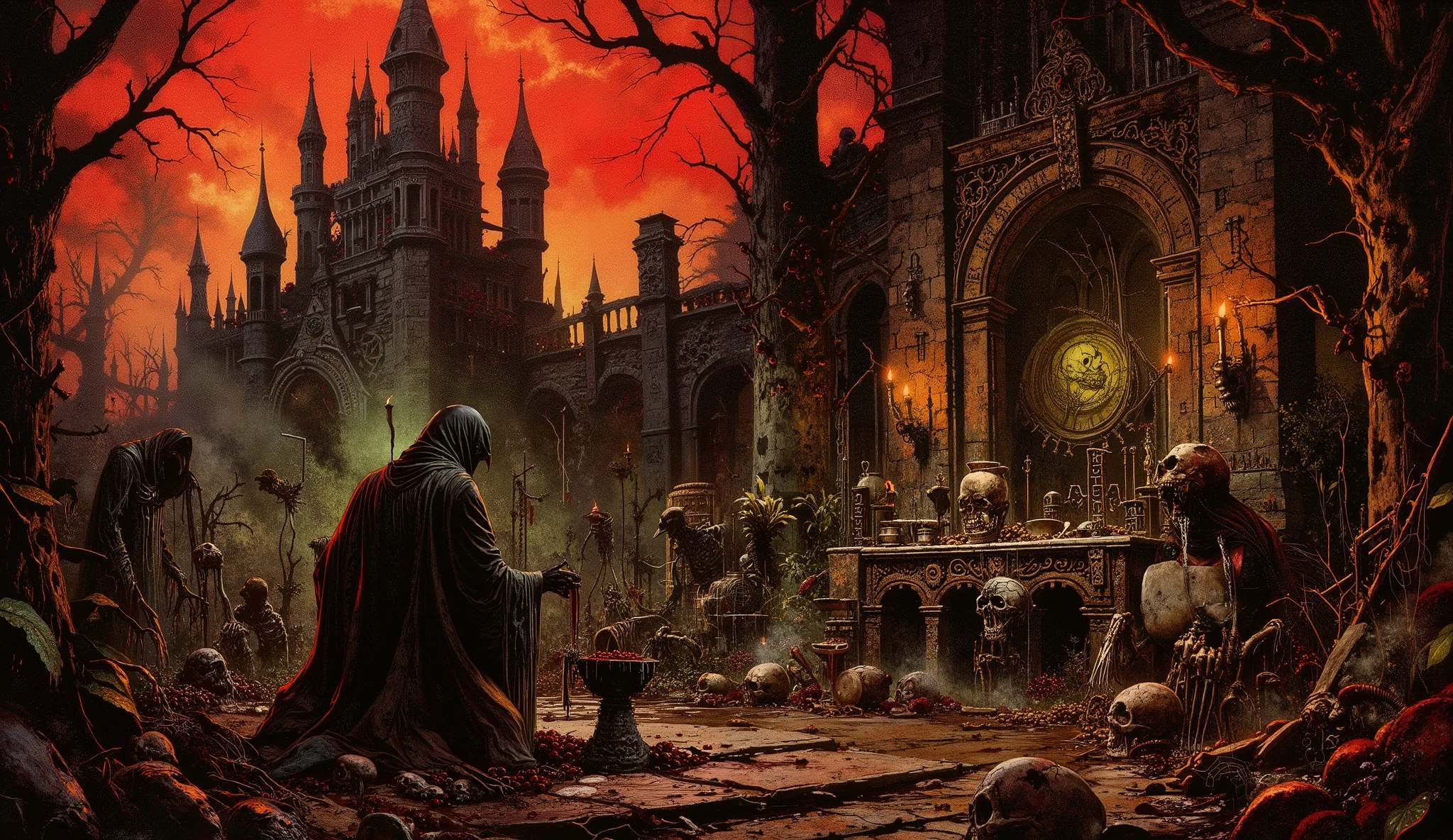 A dark fantasy medieval illustration depicting a cursed coffee plantation entwined with the sinister process of black beer brewing. The twisted coffee plants resemble skeletal limbs, their gnarled roots gripping the earth like bony fingers. The leaves are shriveled and blackened, while swollen, blood-red cherries pulse faintly, as if alive. Among the plants, shadowy figures draped in tattered robes harvest the cursed beans with rusted sickles, their faces concealed by cracked porcelain masks twisted into expressions of agony.
In the background, a crumbling stone brewery looms under a blood-red sky. The building's walls are covered in carved runes that seem to bleed tar, and twisted iron chains rattle against its towering fermenters. Fires burn low beneath iron kettles, their flames an unnatural sickly green. Wisps of shadow crawl across the floor like living tendrils.
In the foreground, a gaunt, skeletal figure in a hooded robe kneels before a jagged stone altar. The figure’s hands are blackened and cracked, as if scorched. It pours a viscous, pitch-black brew — a twisted fusion of coffee and dark beer — into a grotesque chalice formed from a human skull, its eye sockets still glowing faintly. Thick smoke rises from the chalice, swirling into spectral forms — screaming faces, twisted limbs, and hollow eyes that watch from the darkness.
The altar is encircled by grim symbols: a crow pecking at a severed hand, rusted chains coiling like serpents, and skeletal remains bound in thorny vines. Candles made from coagulated fat burn with unnatural black flames that flicker and spit embers. The air feels suffocating, thick with the scent of scorched earth and stale blood, as if the entire scene teeters on the edge of some unspeakable ritual.