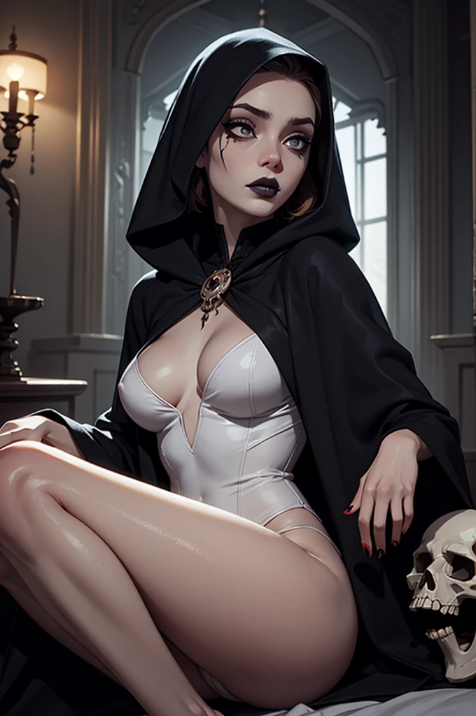 Grim Reaper girl, 20, pale skin, curvy, wears black robe, hooded cloak, thigh-high stockings, long black hair, sitting on a tombstone in a misty enchanted graveyard, surrounded by eerie blue moonlight, holding a scythe, ominous, dark atmosphere, fantasy creatures lurking nearby. 3D render, photorealistic.