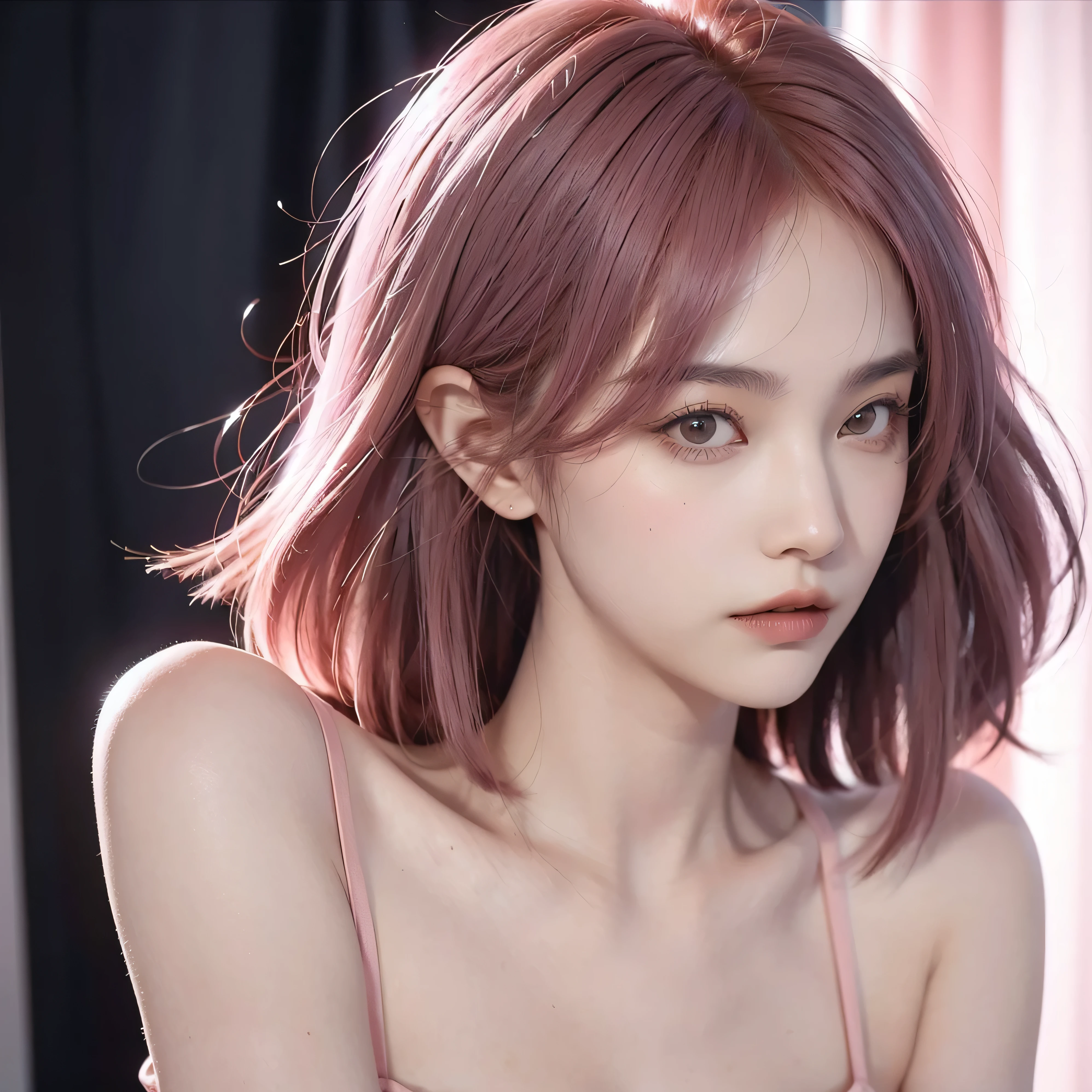 Make a image for novel,bangs hair,pose, looking at viewer, unique,celebrity,sexy,flat chest,woman,pink hair, close up photo, modern theme, Billionaire.