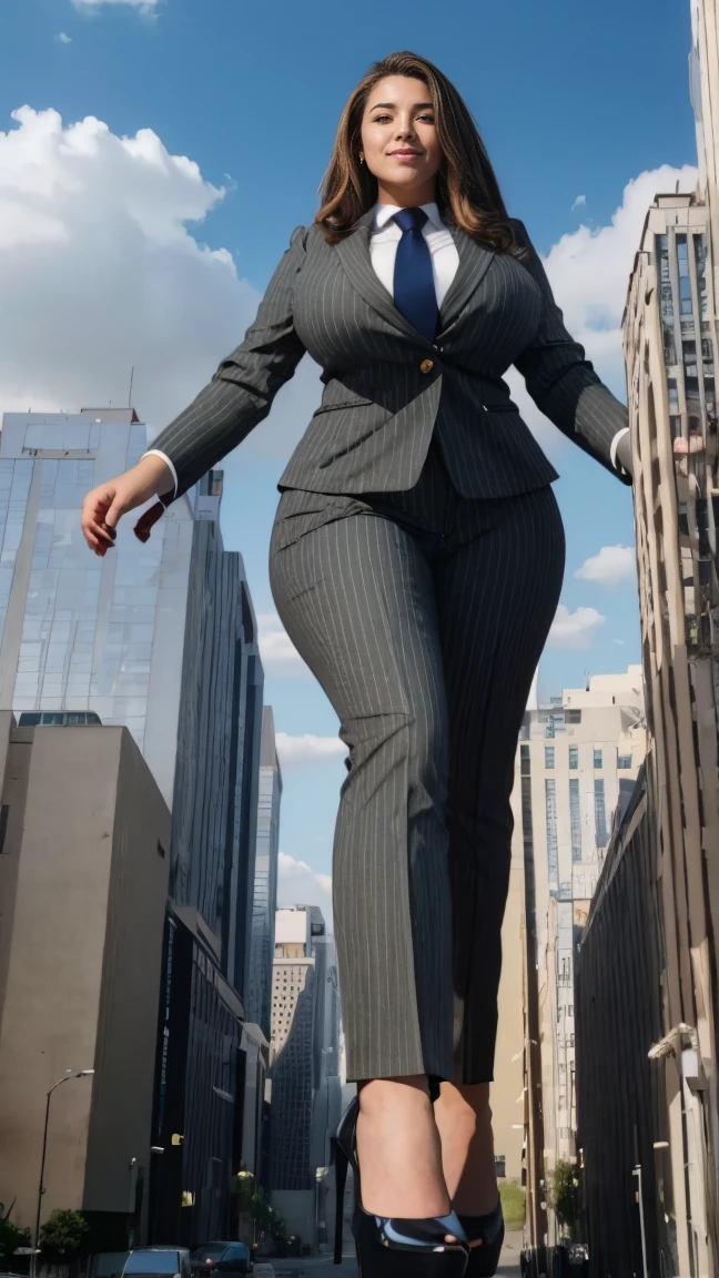 (photorealism:1.2), young , beautiful bbw schoolgirl a massive curvy blonde ponytail red lips wearing a perfect grey pinstripe suit with a thick dark purple tie large collar large breasts. Platform high heels , standing, giantess art, highly detailed giantess shots, giantess, most detailed, perfect face, Two legs, Five fingers, short hair, A high school girl who is bigger than a skyscraper, standing on very small city, skyscarpers at their feet, skyscrapers small, smile, huge breasts, Red tie, major metropolis, numerous Destroying cities, Under heavy attack, A very small big city, Miniature metropolis, Full body description, GTS, giga giantess, gigagts, stomping city, crash city, tiny city, micro city, , High resolution, highest quality, masterpiece,