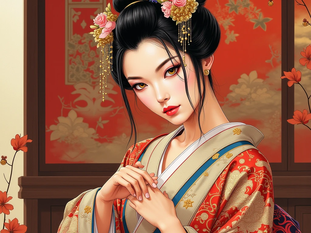 the proportions and detailed textures multicolored brushwork and softened with airbrush, semi-realism ink china illustration A young traditional geisha is shown standing (in a Japanese bowing posture) wearing traditional Japanese clothing, a kimono where white tones predominate, as well as bright colors (high quality full bold body, with a confident and bowing posture, perfect face, evil look, (with bright yellow-gold eyes), defined eyebrows, long eyelashes, full lips, round and huge breasts, flat stomach, slim and high waist, wide hips, thick thighs) Her expression is serene. Her hair is pulled pink into an elaborate updo adorned with intricate Japanese hairpins. The kimono she wears is richly decorated with floral motifs in shades of red, gold, and black, with open layers of fabric leaving her body and skin visible, including a blue-beige bra and panties. The overall style is elegant and refined, capturing the essence of traditional Japanese art with a modern twist. The background is a panoramic view of a richly decorated room, drawing the eye to the subject and giving depth to the illustration. very balanced saturation in the color palettes very defined (Color with monochorome intense shaded tones and shine. tone red 25% + yellow 25% + blue 25% + biofluorescent 12.5% transparencias 12.5%. aesthetic fusion by (Fibonacci ratio. character type female a young girl in kimono she has a pink complexion with dark-beige tones that give contrast and shine. Fluid texture that gives the sensation of movement to the Thin, fine of leaves that moulds to the figure (her clothes with relief and folds give volume and depth to the character) style. a poupée realistic of a young girl in kimono. Haute couture photoshoot (full body, in a Japanese bowing posture). Sharp Highly Detailed Soft Focus, Approaching Perfection, Full HD 8K. High and Low Angles. of Milo Manara, Coco Chanel, Gianni Versace, Baron Von Lind, Greg Rutkowsk art style fusion