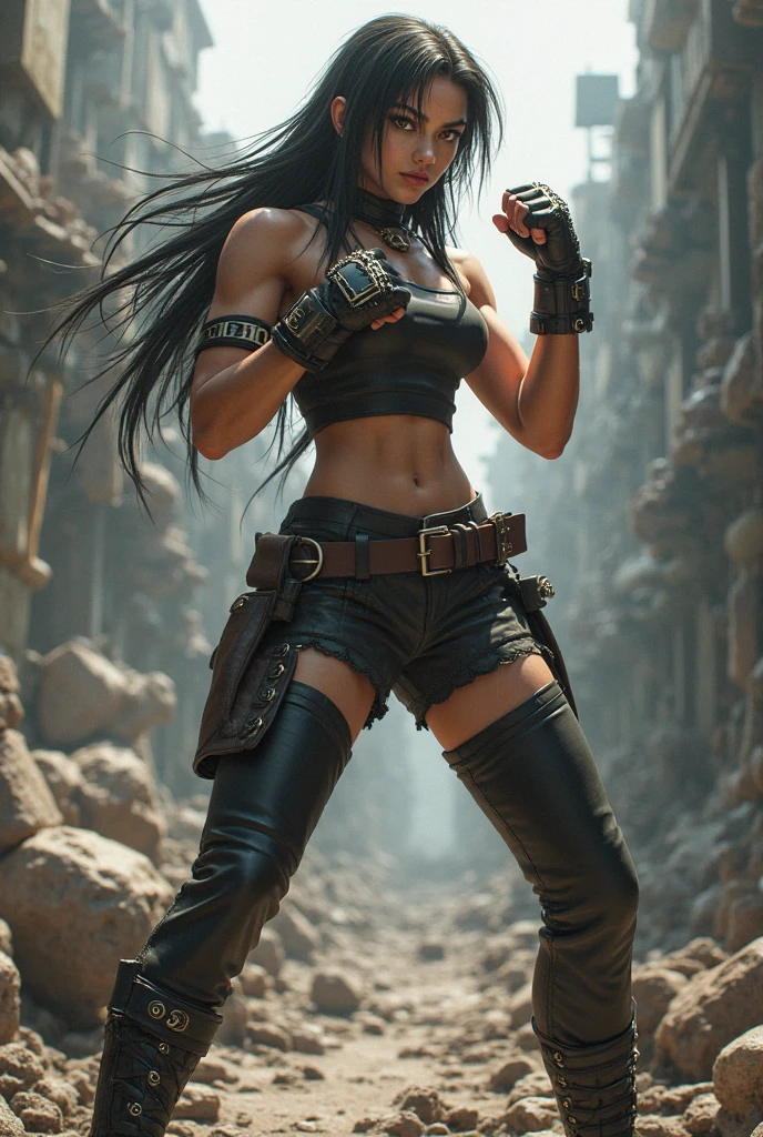 random view angle, skinny female cyborg, confidence, futuristic aerodynamic heavy mechanical arm, sniper, extremely long voluminous hair, long scarf, crop tank, low-rise maxi skirts, strong directional wind, old abandoned overgrown ruins, 3d art, unreal engine