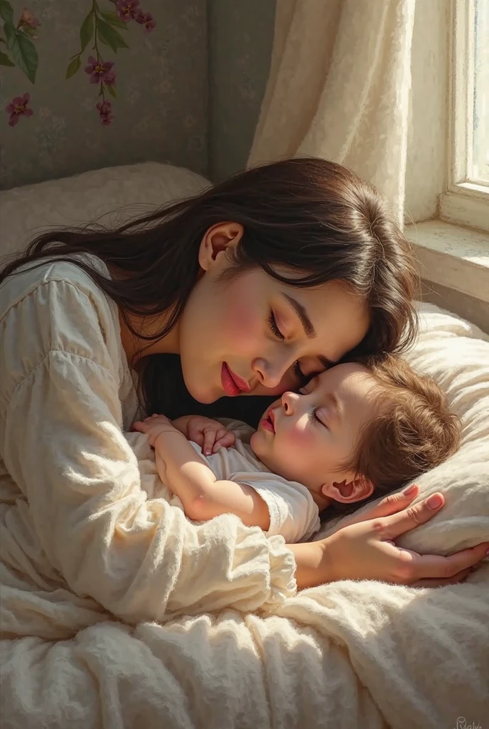A young woman with long hair holding a sleeping baby in her arms