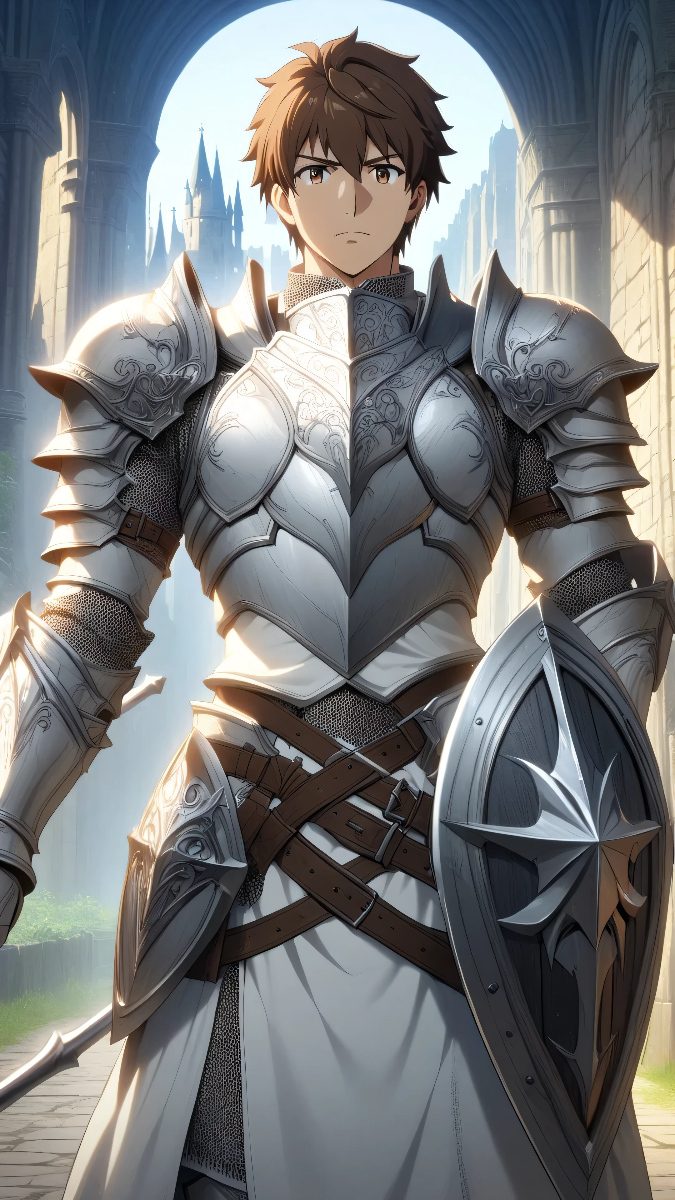 1Man，alone，   male focus   ，   Brown hair   ，  Tall Figure ， Finger Gloves   ，Silver &  White Armor ，Brown eyes，Upper body，Firm Confidence，Castle Background，Medieval Knight, anime style
