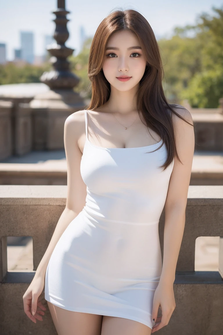 half-body photo of a korean girl, (Perfect beauty:1.37), ((platinum brown hair)), medium(((perfect natural breasts))), cleavage, ((dynamic pose)), sexy collarbone, oval face, double eyelids, smart peach blossom eyes, pink lips, small nose, bangs, (standing), earrings, ribbon choker, bare shoulders, (((light yellow chiffon summer dress))), (Outdoor, Night, Bokeh:1.125), Park view, Super fine face, Fine eyes, Double eyelids, (Clear focus), (Realistic lighting, Best quality, 8K, Masterpiece: 1.43),