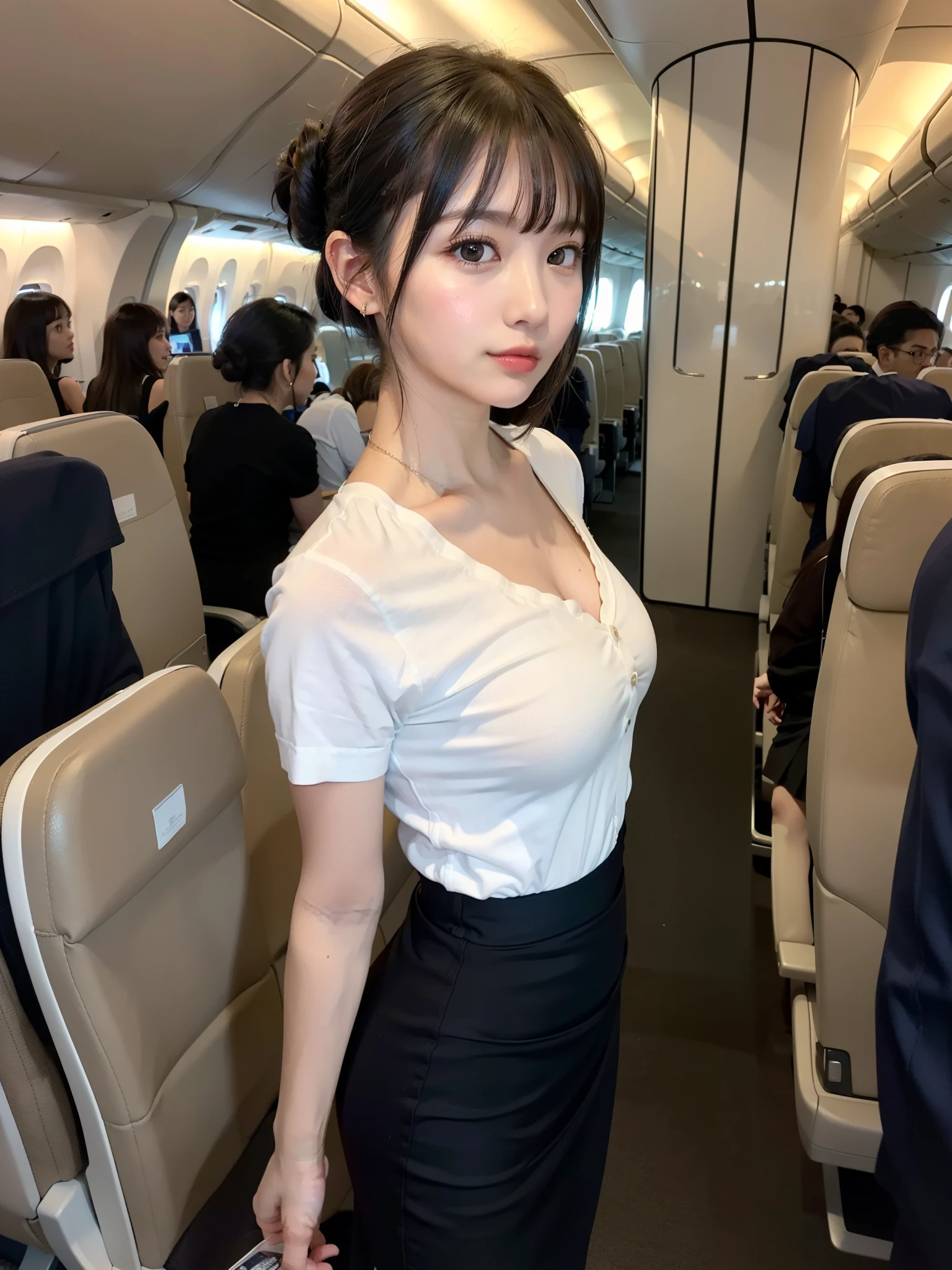 (4K,8K,Masterpiece,Realistic),Super Resolution:1.2、(Japanese:1.3)、 RAW Photos、(Realistic:1.2)、Symmetrical face、(Look up here:1.1)、Japaneseアイドルの女の子、(Beautiful face in every detail)、24-years-old、Beautiful eyes、cute、Perfect hands、Natural Makeup、(Large Breasts、Cleavage)、Only one nipple exposed、Cabin attendant、Serving customers in first class on board、Wear a short-sleeved shirt、Tight mini skirt、Wear a uniform、Friendly atmosphere、Exposure that shows the collarbone、Mole on the collarbone、Leaning forward、Protruding buttocks、Voluptuous thighs、Standing、Wearing high heels、