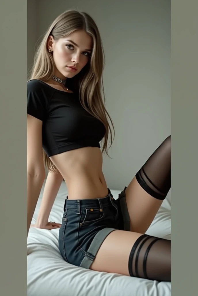 (artwork, best qualityer) Girl in tight leggings with print, tight blouse and exposed belly, red socks, small breasts short height, light hair, greeneyes,, legs spread open, realistic pussy, black panther