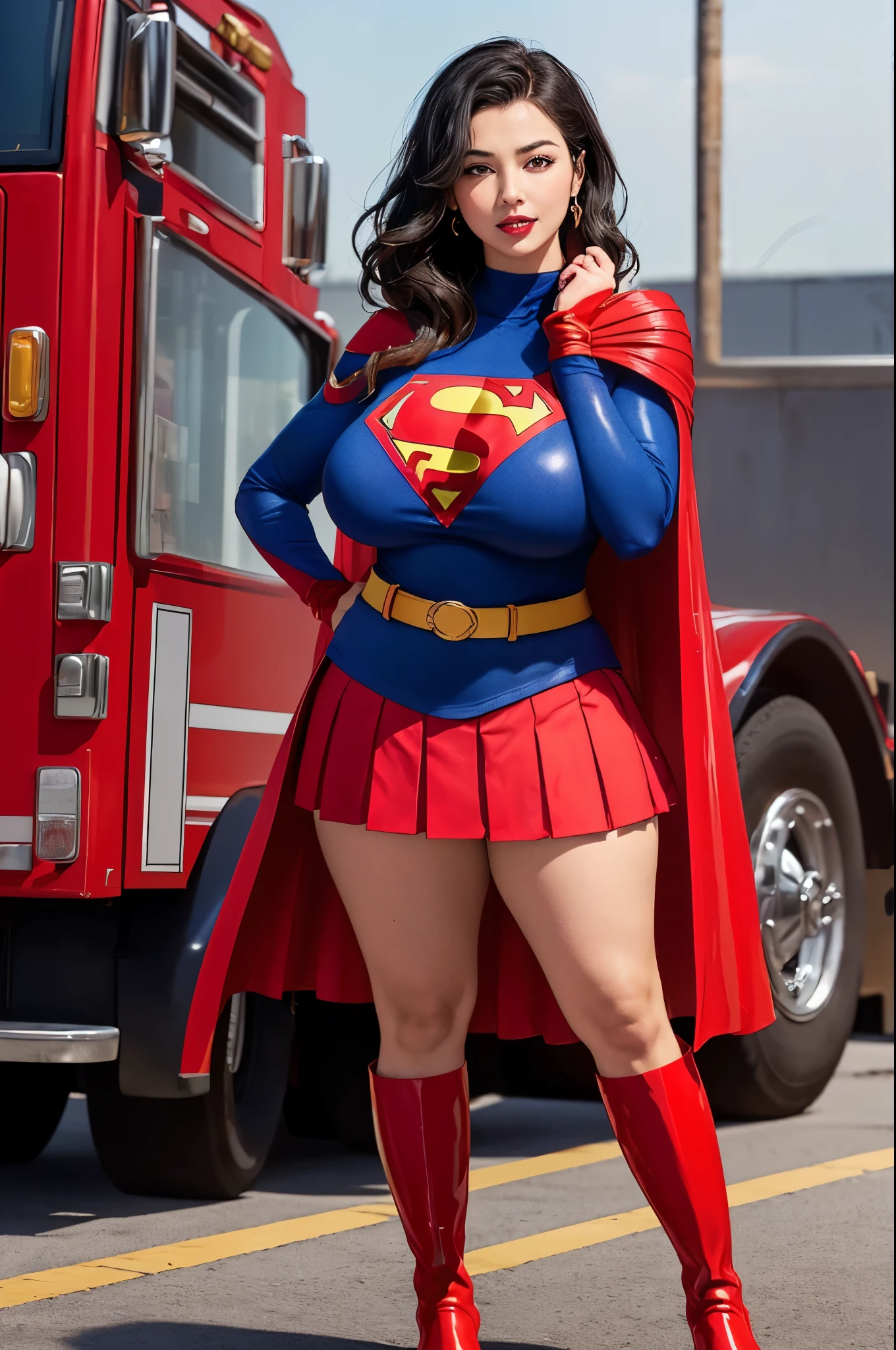 ​masterpiece, (shoulder length curly brunette hair, two side up with bangs, ringlets, shoulder length curly brunette hair with bangs, two side up, ringlets, shoulder length curly brunette hair with bangs, two side up, ringlets, Supergirl) ((Standing in the middle TOP OF A HIGH ROCKY MOUNTAIN, SUNSET, BLUE SKY,)) with legs spread、large full breasts、Looking at the camera、Glossy enamel costume、Glossy bright red enamel long boots、Shiny red skirt、Glossy bondage、a choker、Large open legs, (chubby:1.2), (huge breasts:1.1), (wide hips:1.3), , ((sitting at school desk with legs spread,))