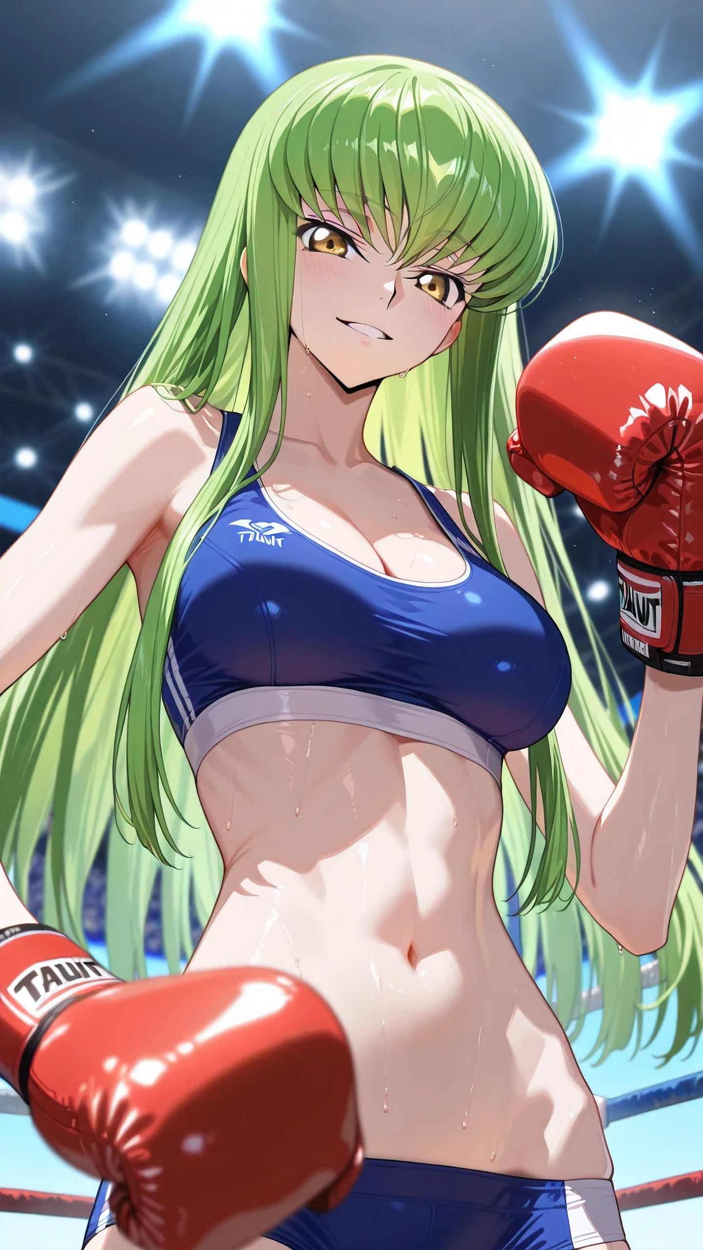 1girl, C.C., Code Geass, (gold eyes), Detailed eyes, sports bra, sports very short spats, boxing gloves, thigh, cleavage, slim long legs, medium breast, Perfect body, grinning, looking at viewer, Detailed eyes, Detailed face, (upper body, from below), (taunt:1.3), boxing ring, spectator seats, best quality, masterpiece+, depth of field,