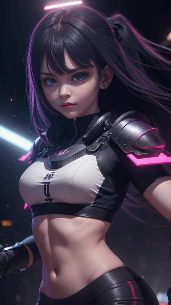 e-girl, exo skeleton body, intricate mech detail, black crop top, bio mechanical, wielding weapon, striking pose