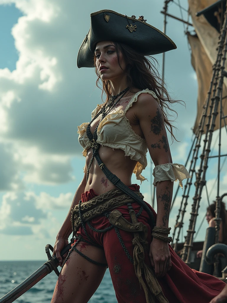 dramatic lighting, highest quality, Cinematic film still, (attractive Anne Bonny, wearing dirty tattered pirate attire, standing on the deck of pirate ship docked at Caribbean port), grimy, dark atmosphere, toned body, (ripped clothing:0.8), perfect face, looking at viewer, (detailed skin), [tattoos], [freckles], ((dirty)), (muddy), (storm clouds:0.7), (stormy weather:0.5), dull, natural lighting, (direct light:0.4), 8mm film grain, photographed on a Sony a9 II, 24mm lens, F/2.8 aperture, deep focus, (RAW), 8k, (still from The Lost Pirate Kingdom)