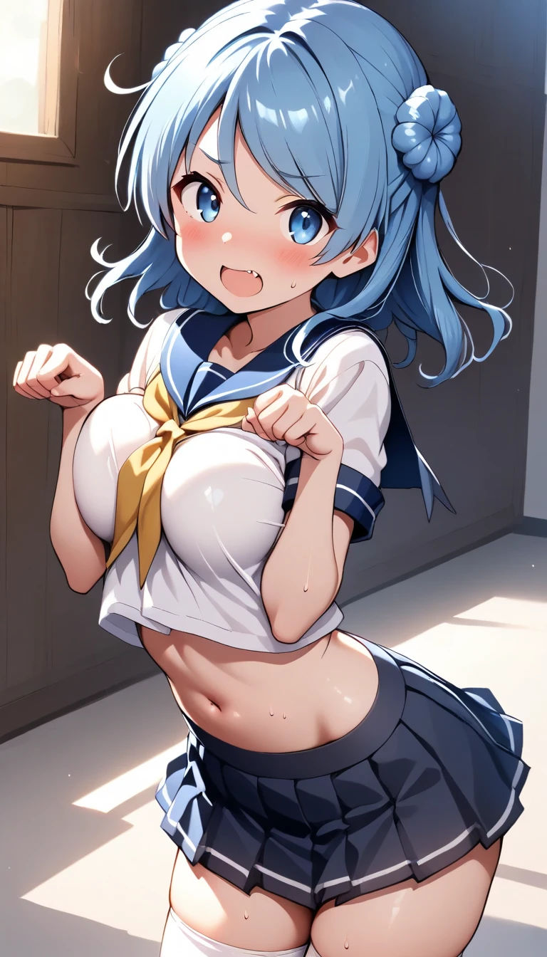 Matsuura kanan, love live style, solo, long blue hair, breasts, looking_at_viewer, blush, smile, open_mouth, bangs, skirt, large_breasts, shirt, navel, school_uniform, blue_hair, purple_eyes, white_shirt, ponytail, short_sleeves, thighs, pleated_skirt, one_eye_closed, serafuku, midriff, sailor_collar, arms_up, neckerchief, ;d, grey_skirt, uranohoshi_school_uniform, green_neckerchief, bouncing breasts