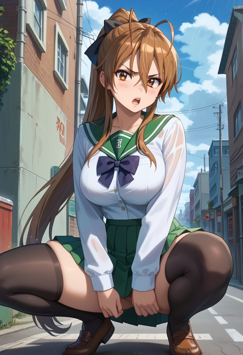 ((1 girl)), ((alone)), Rei miyamoto, ((Extremely detailed CG unity 4k wallpaper)), (Masterpiece), (ultra quality), (Ultra detailed), (best illustration), ( best shadow), (extremely detailed), looking at viewer, (absurdities), (detailed background), curvy body, dynamic pose, cowboy photo, large breasts, medium waist, wide hips, medium thighs, round butt,(( long hair, brown hair, antennae hair, brown eyes, , green sailor collar, black bow tie, white shirt, long sleeves, pleated skirt, green skirt, black thigh-high stockings, smile, closed mouth)), seductive, Standing, cowboy photo, backlight, ((only)), ((Standing:1.4, interior, school, classroom, desk, window, sunset, (sexy smile, sexy pose: 1.4) , looking forward, ((focus on panties), pov: (from below), perfect anatomy, perfect hands,
