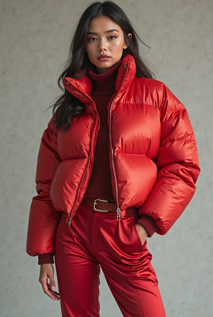Make a woman with big breast, Red long winterjacket , with open zipper, with face, body, Lakeside house, travel bag, dog,Nude