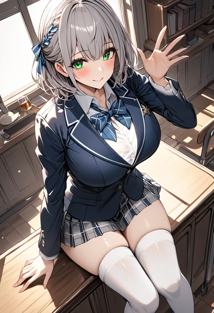 (((Spread your legs))、(((Emphasize the legs、Shiny underwear、)))、Highest quality, 8k, masterpiece :1.3)), whole body, Sharp focus :One Girl,Glowing Skin,SSexy pose,Highest quality,Tabletop,shape,Very delicate and beautiful,Hmph,8k壁紙,wonderful,In detail,Official Art,Very detailedなティッカーUnity 8k壁紙,Incredibly ridiculous,Large file size,Very detailedな,High resolution,Very detailed,Beautiful detailed girl,Realistic,X-ray,The queue is full,(((Uniform Blazer、mini skirt)))、(((Big Breasts、Silver Hair、Wear long loose socks)))、(((School、classroom、Health Room、Wear long loose socks)))、Stand upright、Cleavage , ((長いSilver Hair))、Uniform Blazer、Sexy pose、Hairstyle: Short hair、both hands、白いWear long loose socks