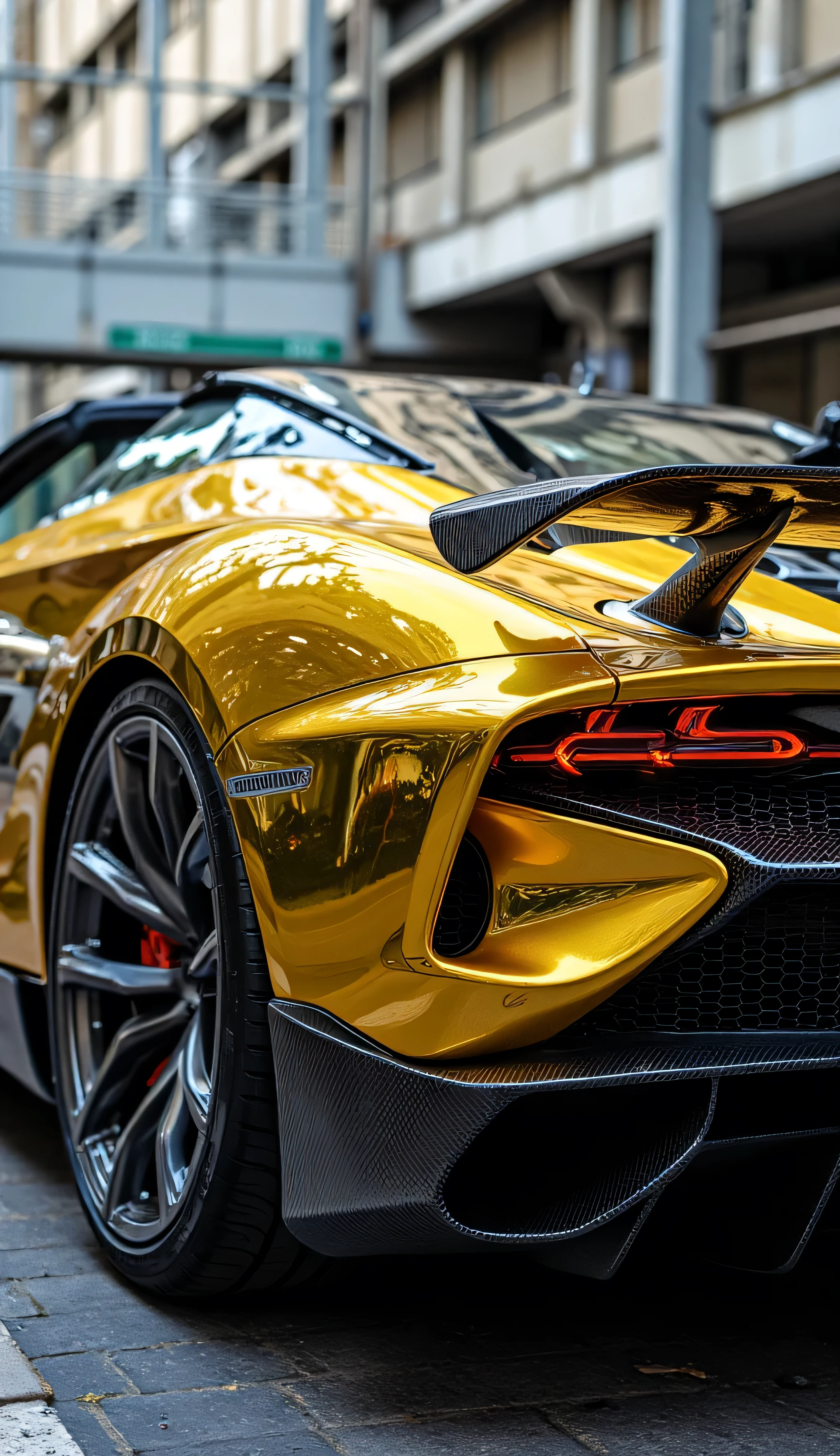 "Luxury Sports Car, Aerodynamic Design, Carbon Fiber, Metallic Golden, Slender Headlights, Bright Alloy Wheels, High-Quality Tires, Elevated Spoiler, Twin Exhausts. Highway. Elegant Rear Lighting, Hyper-realistic, Professional Photography, High Resolution, Photorealistic, 8K, HDR-10, Cinematic, Cinematic Lighting, Dynamic Composition, Angled View, Impressive Details, Powerful Engine, Expensive, High-End, Exclusive, Elegant, Sophisticated, Luxurious, Premium Quality, Studio Lighting, Sharp Focus, Physically Based Rendering, Vibrant Colors, Reflective Surfaces, Bright Chrome Details, Powerful and Captivating Presence."