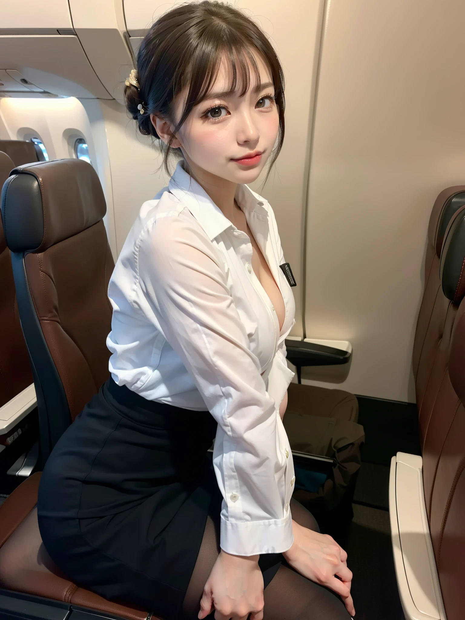 (masterpiece:1.3), High resolution, super detailed, Highly detailed CG Unity 8K wallpaper, realistic, photo-realistic, Raw photo, beautiful and detailed face, pale skin, realistic skin, fine cloth texture, detailed hair texture, perfect proportions, beautiful face, Accurate, anatomically correct, Highly detailed face and skin texture, natural neck length, (shining necklace, wedding ring), (beautiful hands), (Fair skin:1.2), thin legs, thin legs, sexy thighs,
break,
fine eyes, symmetrical eyes, light brown eyes, double eyelid, thin eyebrows, (glossy lips:1.4), ((provocative face:1.2)), (blush:1.1),
break,
(Elegant flight attendant girl), (Wearing a flight attendant uniform:1.2), (Show me some panties),
(medium big breasts), (slender body shape:1.2),
(dark brown hair, wavy hair), ((medium hair, asymmetrical bangs:1.2)), (upper body shot:1.2), ((from below:1.3)), ((focus on feet:1.2))
break,
((Sit on the floor with Waliza:1.3)),