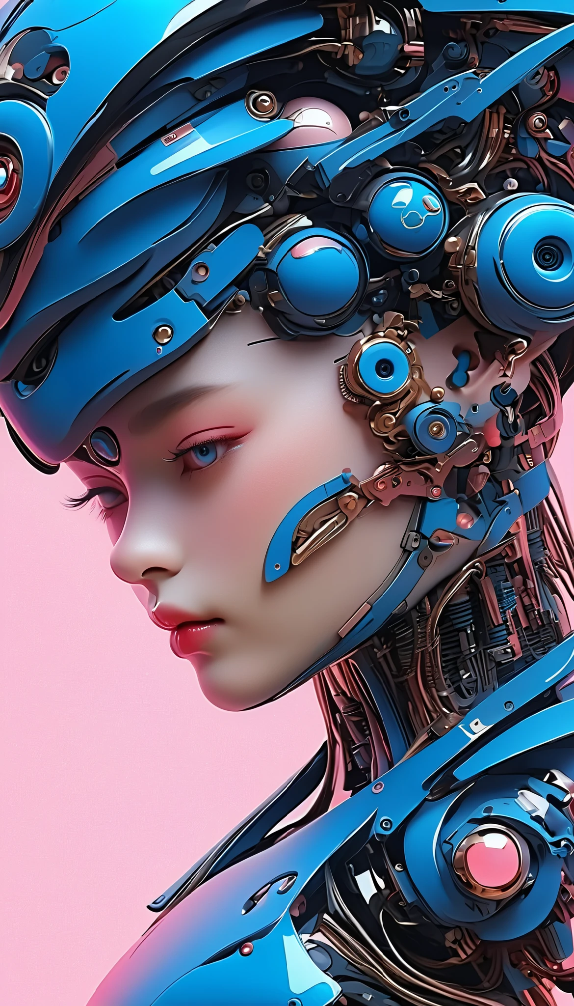 A cybernetic eye / mechanical prosthetic eye ,Mechanical sensing eye,Klein Blue,Future Guofeng Machinery Princess,红装古韵与mechanical aesthetics交织的奇幻视觉精美细腻,8K Ultra HD,hyperrealistic,Strange and charming,Gorgeous,Sci-fi future,mechanical aesthetics, Chinese style,Red classic,Noble and elegant,Full of power,Artificial intelligence has a pair of mechanical eyes, 3D illustrations of the upper body and face of a human body model, gradient background, soft color palette , pink blue, Minimalism, and surrealism, private