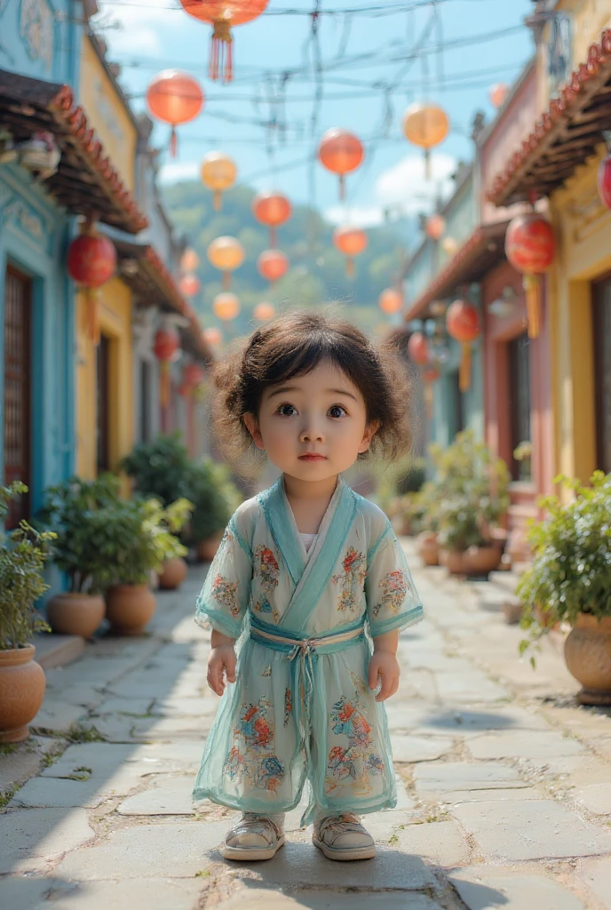 a beautiful baby cute girl in vintage bright colors traditional aodai viet nam, chibi style, city nigth, masterpiece, best quality, realistic:1.3, street, cyberpunk, sunlight, backlighting, artstation, intricate details, vignette, city night, antique car, Hoi An, Conical Hat traditional viet nam