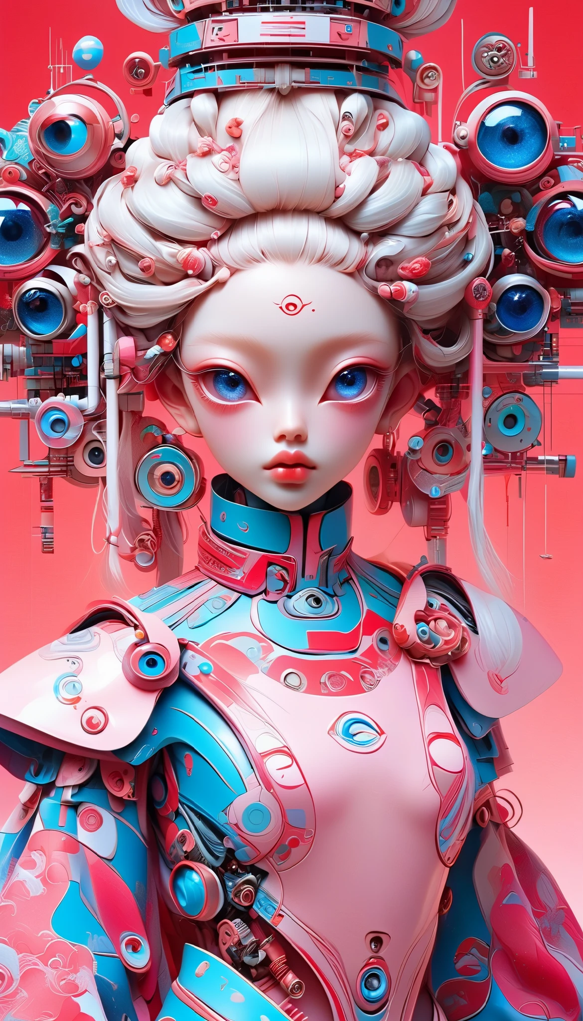 A cybernetic eye / mechanical prosthetic eye ,Mechanical sensing eye,Klein Blue,Future Guofeng Machinery Princess,红装古韵与mechanical aesthetics交织的奇幻视觉精美细腻,8K Ultra HD,hyperrealistic,Strange and charming,Gorgeous,Sci-fi future,mechanical aesthetics, Chinese style,Red classic,Noble and elegant,Full of power,Artificial intelligence has a pair of mechanical eyes, 3D illustrations of the upper body and face of a human body model, gradient background, soft color palette , pink blue, Minimalism, and surrealism, private