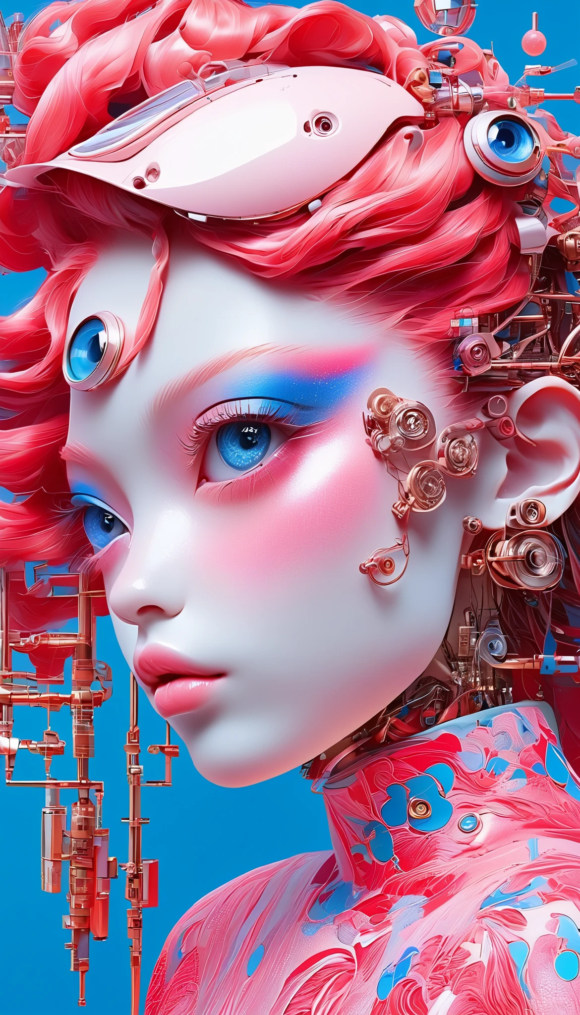 A cybernetic eye / mechanical prosthetic eye ,Mechanical sensing eye,Klein Blue,Future Guofeng Machinery Princess,红装古韵与mechanical aesthetics交织的奇幻视觉精美细腻,8K Ultra HD,hyperrealistic,Strange and charming,Gorgeous,Sci-fi future,mechanical aesthetics, Chinese style,Red classic,Noble and elegant,Full of power,Artificial intelligence has a pair of mechanical eyes, 3D illustrations of the upper body and face of a human body model, gradient background, soft color palette , pink blue, Minimalism, and surrealism, private