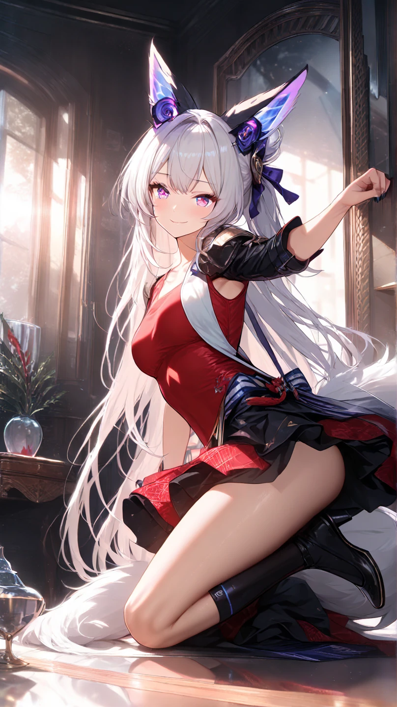 young girl, Long white hair, cat ears, violet eyes, red translucent blouse, Upskirt, Sleeveless, open belly, Smile, open mouth, Masterpiece, hiquality, 4k, HD, Good detail