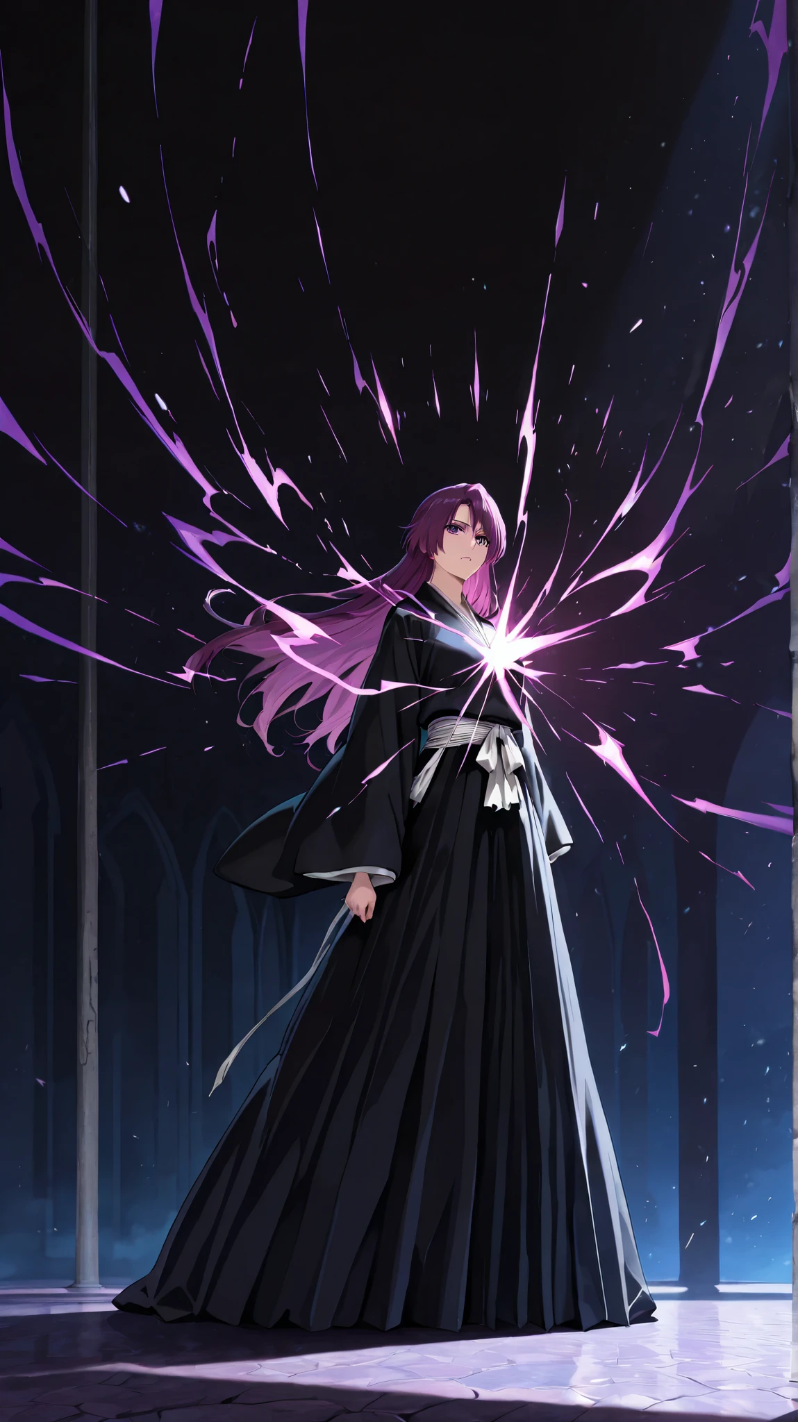 (masterpiece, best quality, ultra-detailed, best shadow), (dark fantasy), high contrast, (best lighting, extremely delicate and beautiful), ((cinematic light)), colorful, hyper detail, dramatic light, intricate details. Woman (18 years old) with long purple hair that touches the floor, striking purple eyes and beautiful eyelashes, wearing a Bleach Shihakusho with a captain's cloak, character with a mysterious aura, beautiful, 180 cm tall, serene and mysterious character