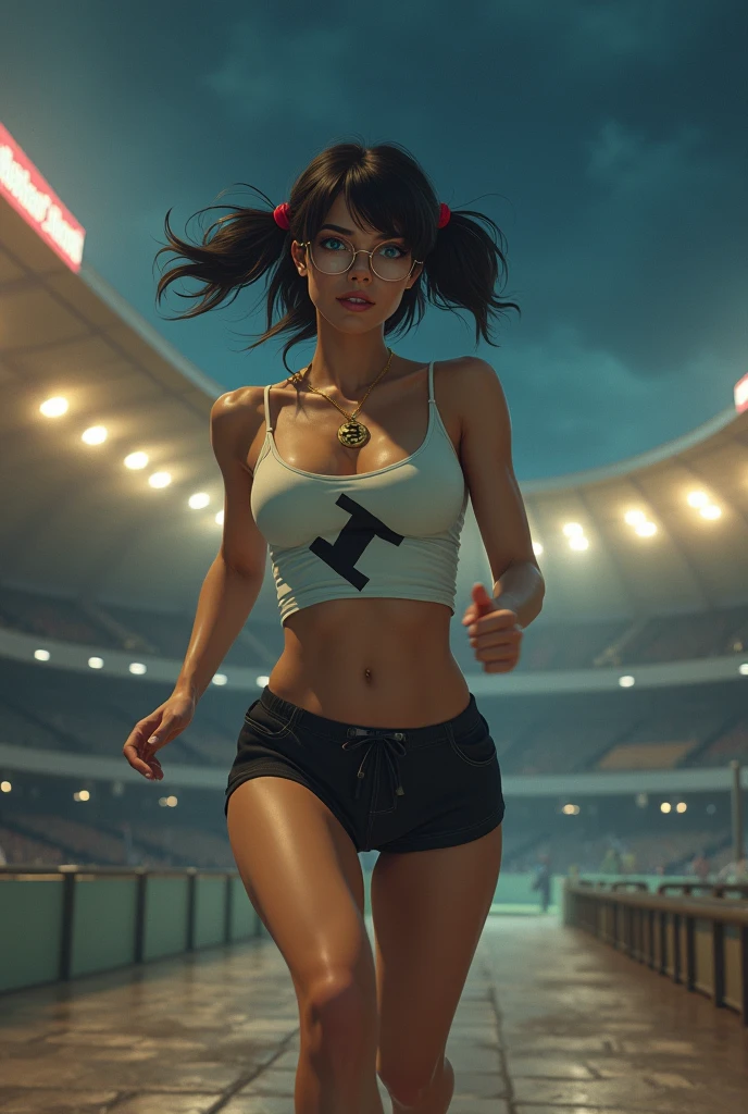 woman in a silver skirt blowing a kiss on a tennis court, portrait sophie mudd, her belly button exposed, very sweaty, festival vibes, metal bikini, charli xcx, lorde, a person at a music festival, bella poarch, bella hadid, sweaty and dirty, wearing a sexy cropped top, mia kischner, god ray across her face