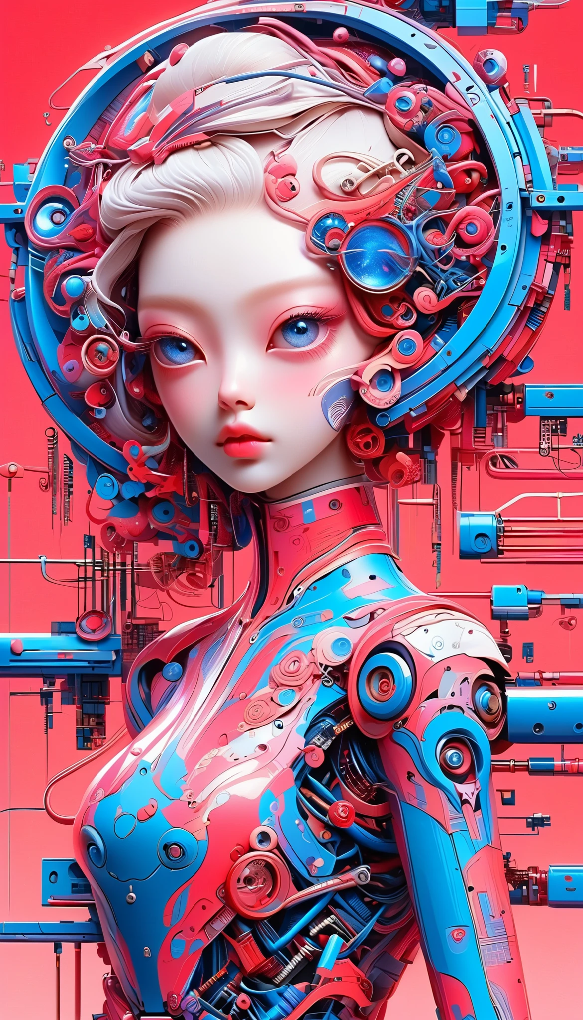 A cybernetic eye / mechanical prosthetic eye ,Mechanical sensing eye,Klein Blue,Future Guofeng Machinery Princess,红装古韵与mechanical aesthetics交织的奇幻视觉精美细腻,8K Ultra HD,hyperrealistic,Strange and charming,Gorgeous,Sci-fi future,mechanical aesthetics, Chinese style,Red classic,Noble and elegant,Full of power,Artificial intelligence has a pair of mechanical eyes, 3D illustrations of the upper body and face of a human body model, gradient background, soft color palette , pink blue, Minimalism, and surrealism, private