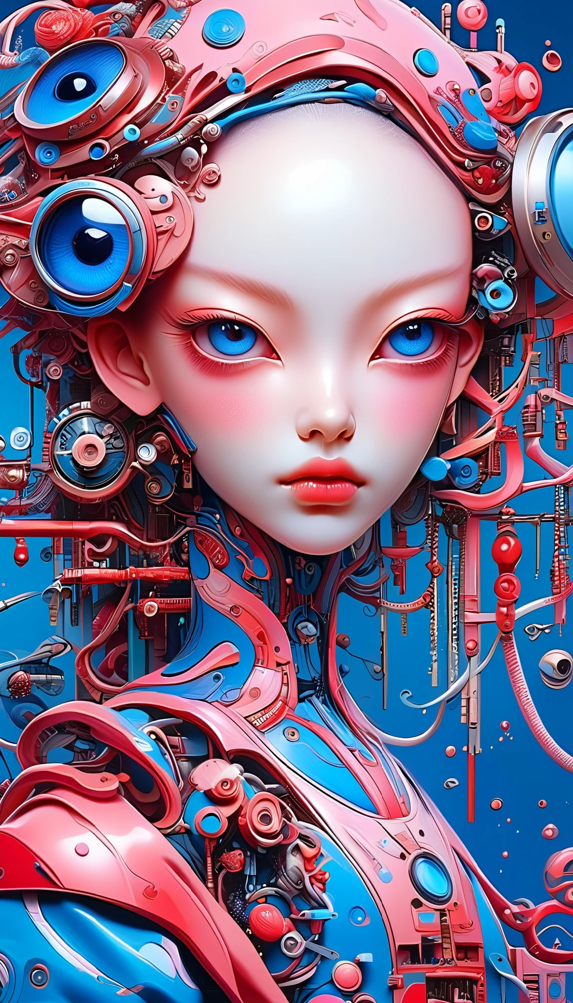 A cybernetic eye / mechanical prosthetic eye ,Mechanical sensing eye,Klein Blue,Future Guofeng Machinery Princess,红装古韵与mechanical aesthetics交织的奇幻视觉精美细腻,8K Ultra HD,hyperrealistic,Strange and charming,Gorgeous,Sci-fi future,mechanical aesthetics, Chinese style,Red classic,Noble and elegant,Full of power,Artificial intelligence has a pair of mechanical eyes, 3D illustrations of the upper body and face of a human body model, gradient background, soft color palette , pink blue, Minimalism, and surrealism, private