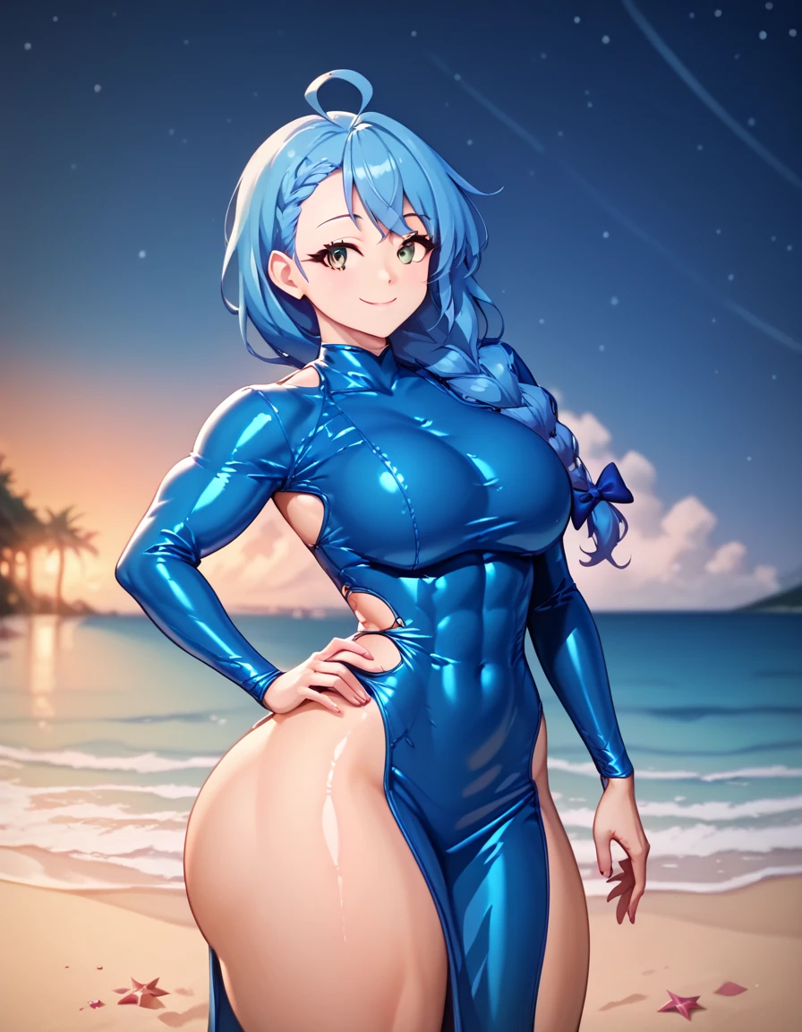 masterpiece, realistic, (anime), 8k, high_quality, poster, (1girl), (solo), (Kiana_Kaslana), white_hair, ponytail, glowing_eyes, (sexy), (fortified_suit), (blue_bodysuit), heels, holding_land, laughing, exposed_breasts, ice_cream, tongue, (island), (palms), solar_eclipse
