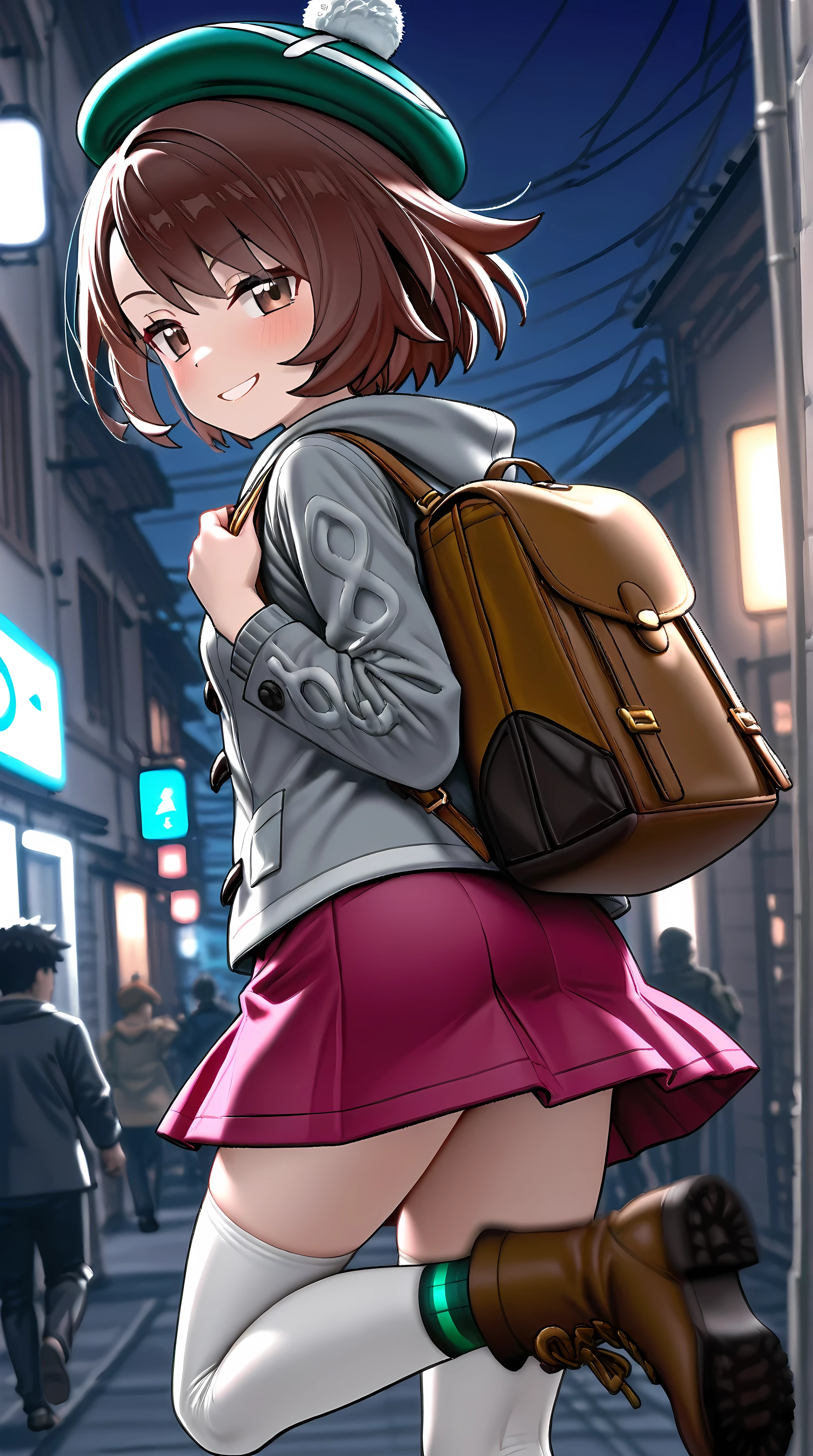 solo, 1girl, running, looking back, dynamic pose, intense gaze, wind blowing, flowing hair, skirt fluttering, energetic,
BREAK gloria \(pokemon\), anime style
BREAK short brown hair, bob cut, bangs, hair over eyes, beret, green beret, gray hoodie, green coat, brown skirt, white thighhighs, brown boots, backpack, knitted sweater, buttoned coat, small breasts, seductive smile, naughty face
BREAK dramatic angle, motion blur
BREAK outdoor, (night:1.1)
BREAK (masterpiece, super fine illustration, highly detailed), best quality, expressive eyes, perfect face, perfect body, newest, (saitou naoki:1.0), (healthyman:0.8), (atte nanakusa:0.8), (agwing86:0.8), (kani biimu:0.7), (neku oneneko:0.65), (hanenashi:0.65), (sincos:0.65), (ie \(raarami\):0.65), (as109:0.6), (egami:0.6), (aki99:0.6)