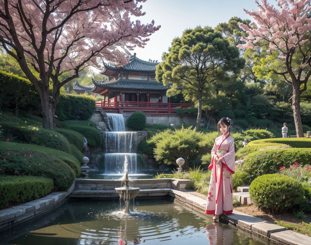 Cherry blossom petals flutter in the wind next to the ancient tower, and inside the terrace, A woman in Chinese clothing strokes a pipa （take up close）