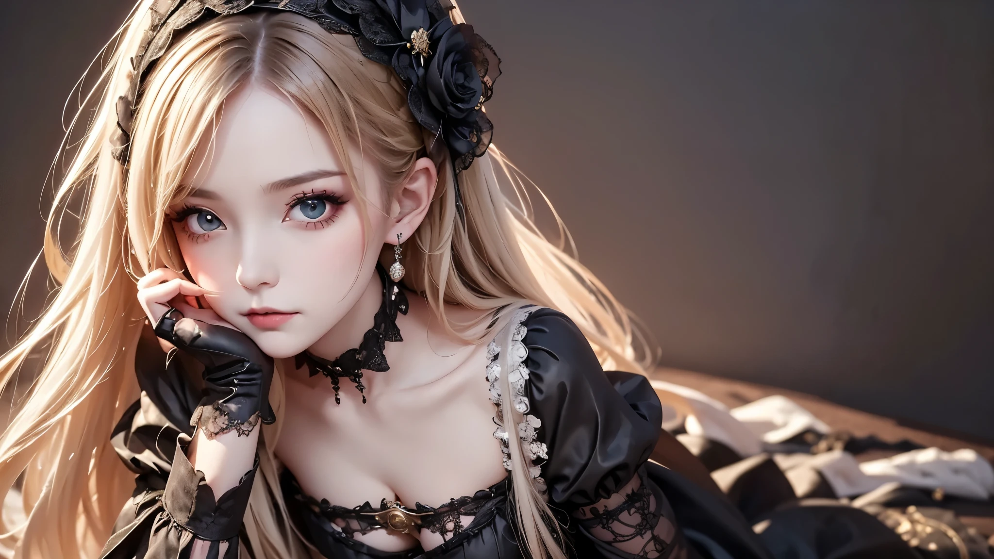 woman wearing dress and boots , baroque dress, wearing a detailed steampunk dress, elegant gothic princess, victorian gothic ta fashion, historical baroque dress dark, black gothic loliress, fantasy style clothing, rococo dress, black rococo, fantasy costume, wearing a gothic dress, romantic dress, gothic dress,blonde, tilt her head,(((upper body portrait))), ((from side))