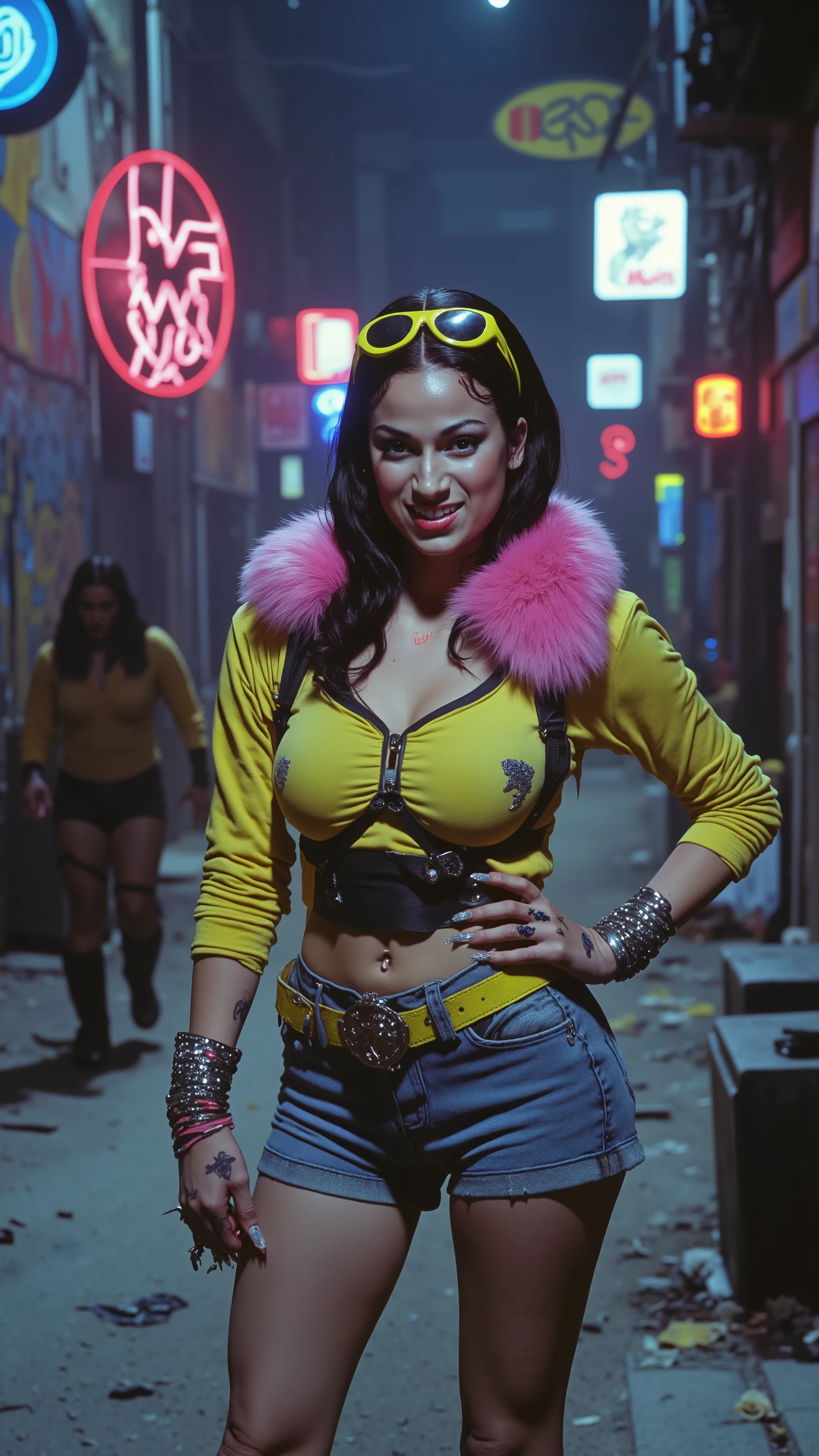 A cinematic close-up scene from a X-Men movie, showing Jubilee (played by Bhad Bhabie) in her iconic superhero costume, featuring a yellow jacket with pink fur collar, a black crop top, denim shorts, and her signature pink and yellow accessories, including sparkling bracelets and her neon yellow sunglasses resting on her head. She has dark, straight hair, parted in the middle, with a confident smirk and a mischievous, cocky smile, embodying her rebellious and carefree attitude.
She stands in a bold, confident posture, one hand on her hip, the other slightly raised, ready to unleash her dazzling pyrotechnic blasts. Her expression is full of attitude, with a hint of playful arrogance, challenging the viewer.
The environment is a dark, urban alleyway, with neon signs flickering and graffiti-covered walls, casting an edgy and gritty vibe. The lighting is moody and dramatic, with a cold HDR look and cinematic lighting, creating sharp shadows and stark highlights. The scene is shot with a DVD screengrab aesthetic reminiscent of 1980s cinema, with grainy textures and deep contrasts that give it a retro, high-energy feel.
In the background, there are shadowy figures moving quickly, the glow of neon lights illuminating their silhouettes. The ground is rough concrete, cracked and worn, with scattered debris. The walls are covered in vivid, urban graffiti and advertisements, hinting at a chaotic, dystopian world.
X-Men, retro-futuristic, cinematic, HDR, dark fantasy, realistic.