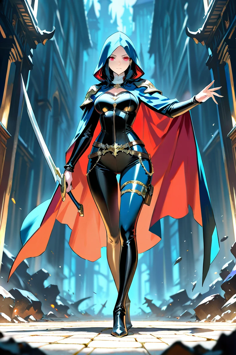 One-eyed adult woman with long black hair,Eye mask,,large cape,cleavage,trousers,musket,Western style saber,battlefield,