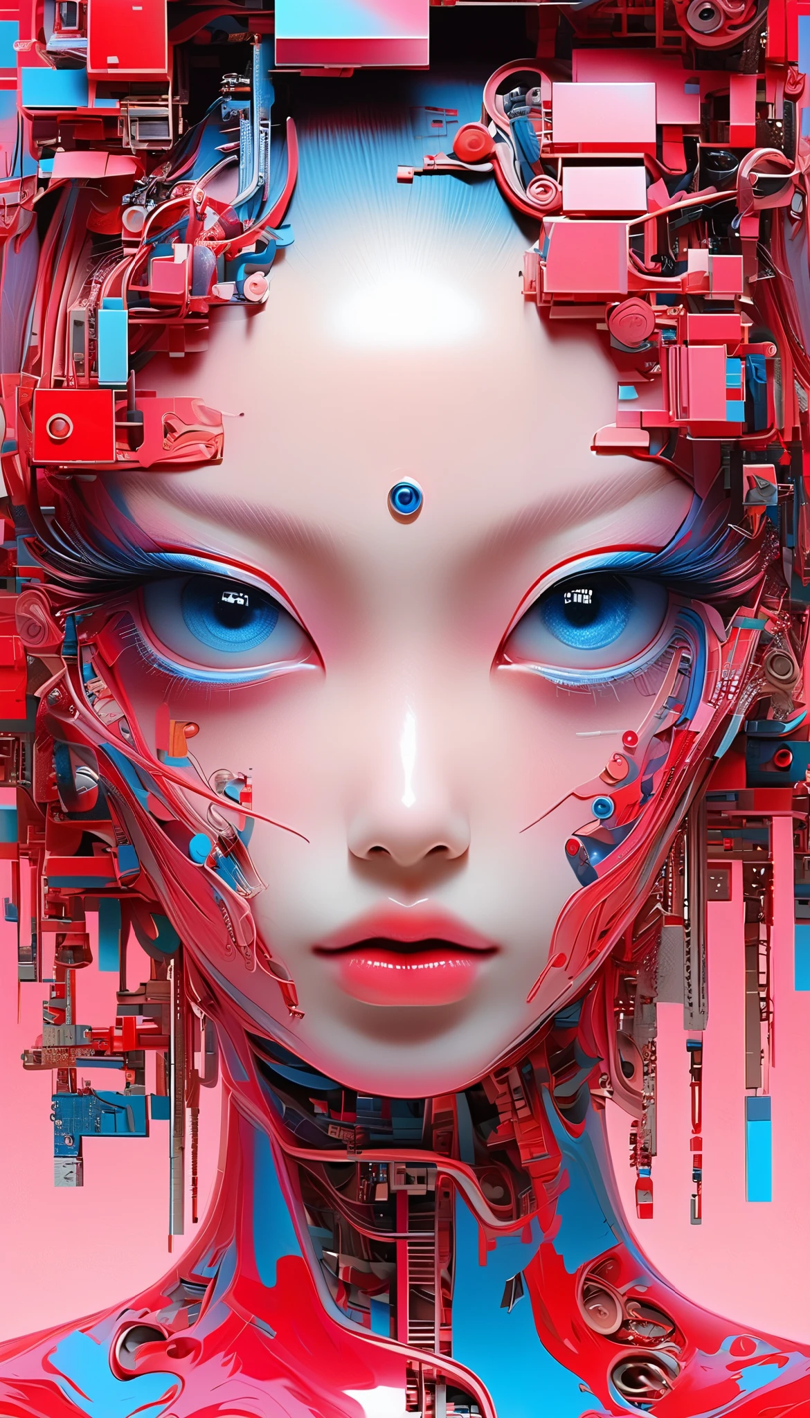 A cybernetic eye / mechanical prosthetic eye ,Mechanical sensing eye,Klein Blue,Future Guofeng Machinery Princess,红装古韵与mechanical aesthetics交织的奇幻视觉精美细腻,8K Ultra HD,hyperrealistic,Strange and charming,Gorgeous,Sci-fi future,mechanical aesthetics, Chinese style,Red classic,Noble and elegant,Full of power,Artificial intelligence has a pair of mechanical eyes, 3D illustrations of the upper body and face of a human body model, gradient background, soft color palette , pink blue, Minimalism, and surrealism, private