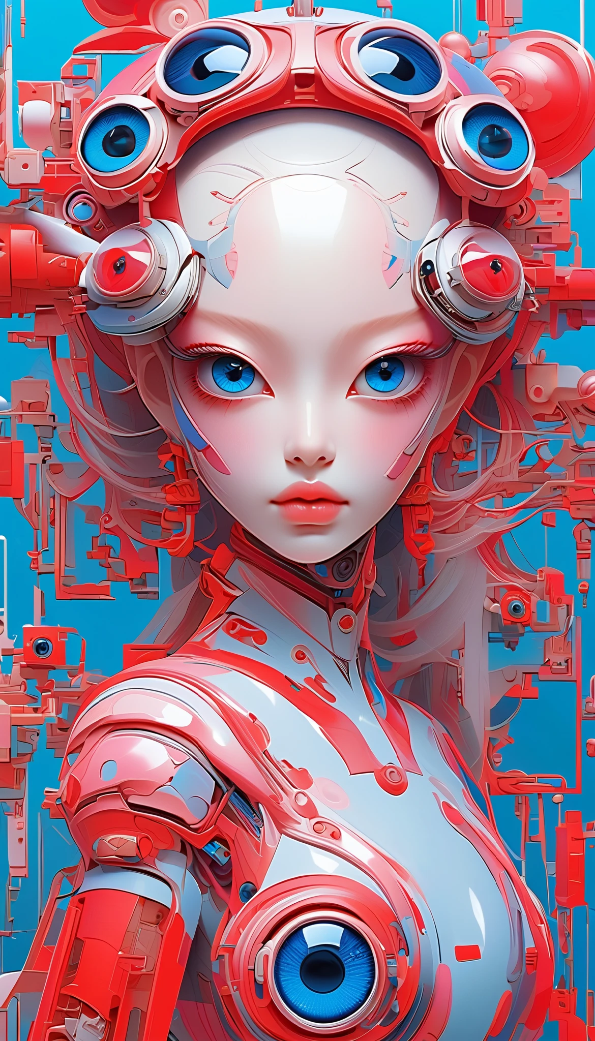 A cybernetic eye / mechanical prosthetic eye ，Mechanical sensing eye，Klein Blue，Future Guofeng Machinery Princess,红装古韵与mechanical aesthetics交织的奇幻视觉精美细腻,8K Ultra HD,hyperrealistic,Strange and charming,Gorgeous,Sci-fi future,mechanical aesthetics, Chinese style,Red classic,Noble and elegant,Full of power，Artificial intelligence has a pair of mechanical eyes, 3D illustrations of the upper body and face of a human body model, gradient background,  soft color palette , pink blue, Minimalism, and surrealism, private 