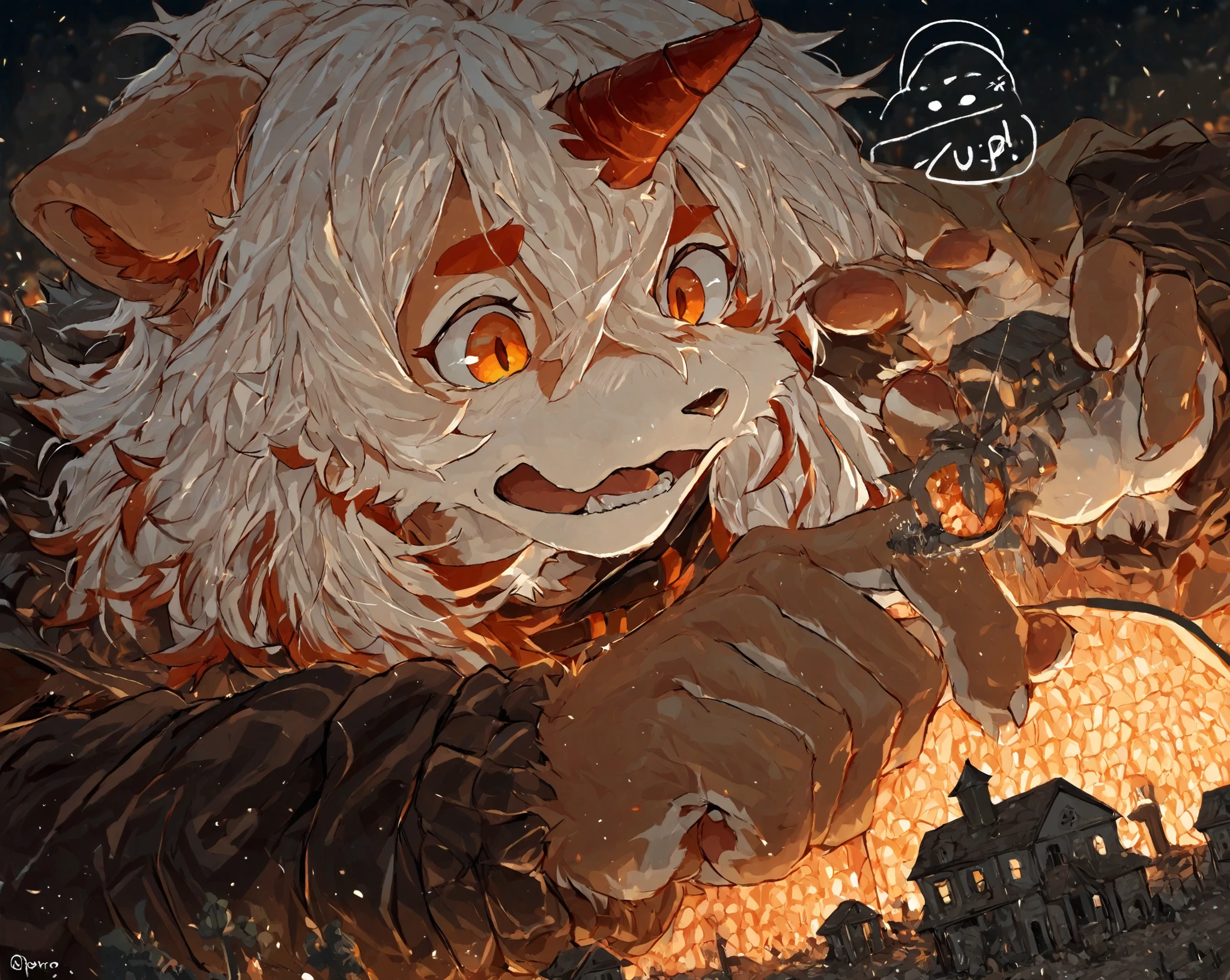 score_9, score_8_up, score_7_up, score_6_up, furry, anthro, solo, hung, perro, arknights, two-tone fur, medium hair, white hair, single horn, orange eyes,,(macro size: 1.2), furry hung, medieval fantasy, 1male, closeup furry fingers, (furry hung face reaction: 1.1), tiny village under the palm of her hands, Gentle personality, foreshortening