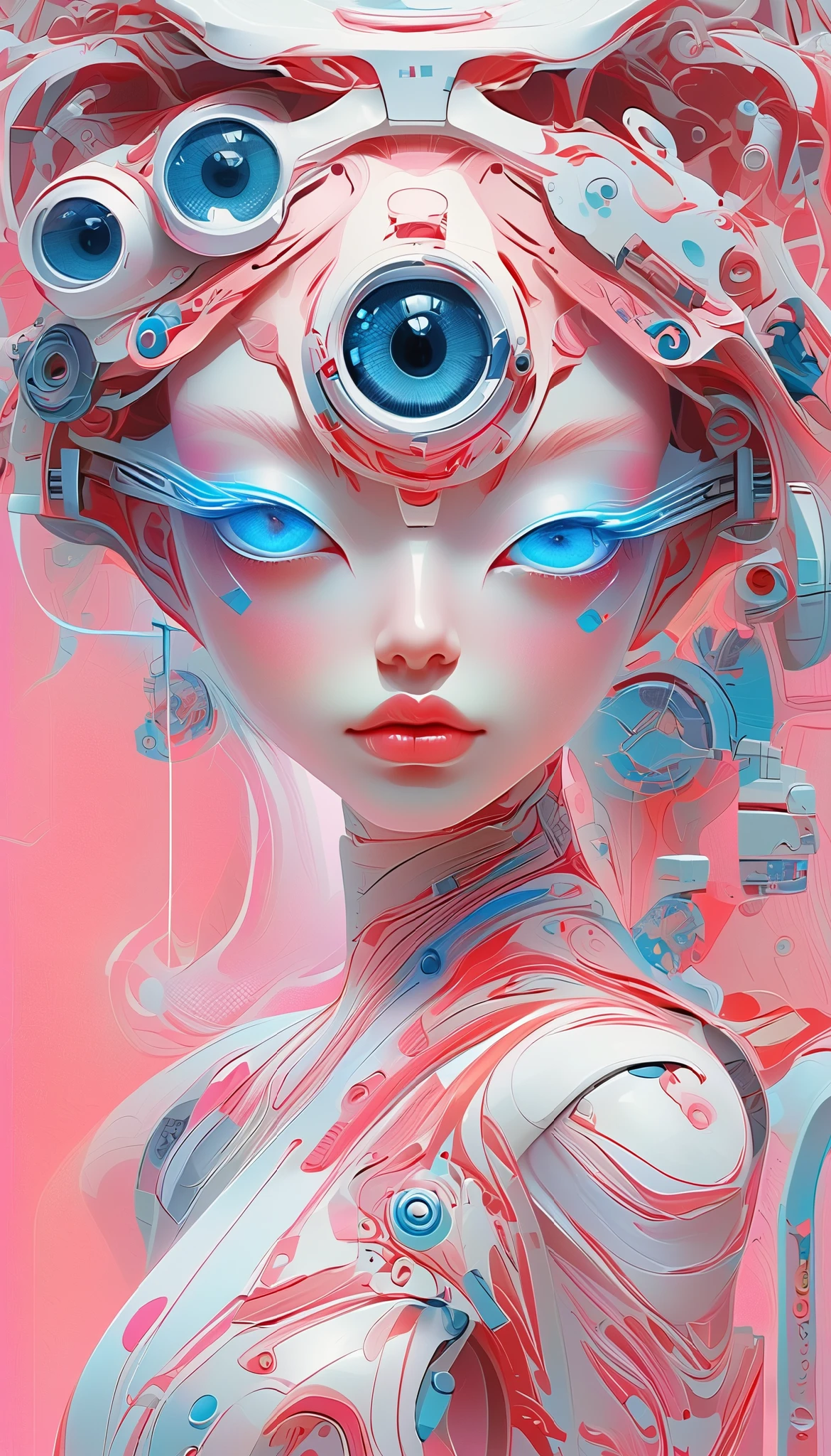 A cybernetic eye / mechanical prosthetic eye ,Mechanical sensing eye,Klein Blue,Future Guofeng Machinery Princess,红装古韵与mechanical aesthetics交织的奇幻视觉精美细腻,8K Ultra HD,hyperrealistic,Strange and charming,Gorgeous,Sci-fi future,mechanical aesthetics, Chinese style,Red classic,Noble and elegant,Full of power,Artificial intelligence has a pair of mechanical eyes, 3D illustrations of the upper body and face of a human body model, gradient background, soft color palette , pink blue, Minimalism, and surrealism, private