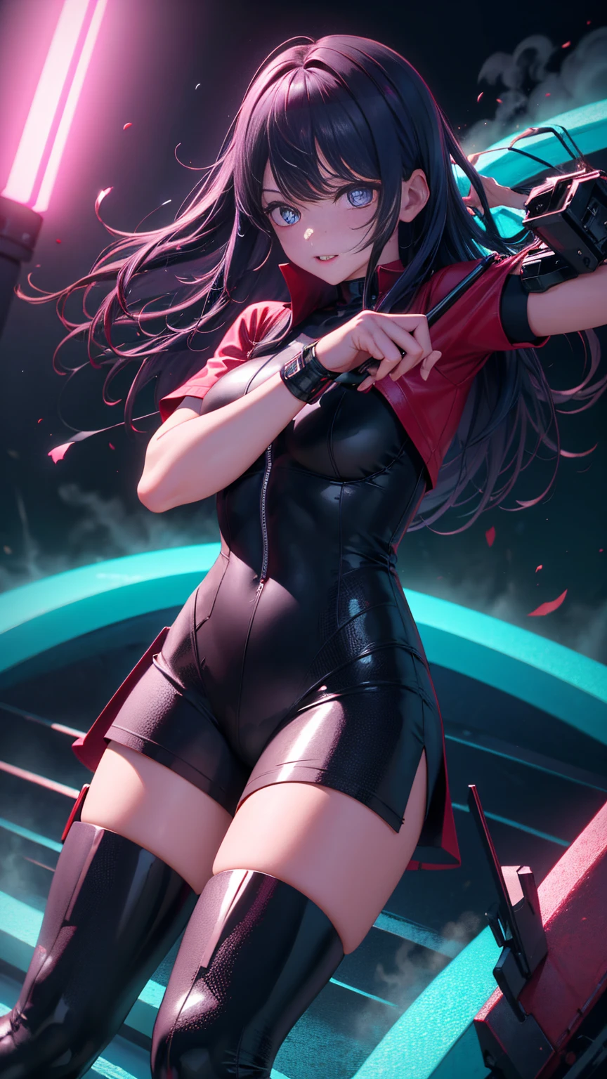 13-year-old girl, 独奏, Wearing transparent tights that fit snugly in a red bodysuit、With a thin fabric that emphasizes smiling buttocks、Super close-up looking up from below、gymnast、masterpiece, top-quality, realisitic, ultra-detailliert, (shinny skin, Sweating: 1.4), Versatile sexy poses、Long braided black hair, Brown-eyed, slender, dynamic light and shadow, hight resolution, foco nítido, depth of fields, Narrow-eyed, Sharp pupils, Realistic pupils, (breasts are small: 1.6), (Thigh thickness: 1.0),Gymnastics Stadium