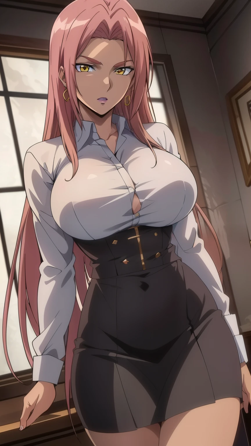 (Top quality, masterpiece, 8k:1.2), (anime coloring:1.5), (pixel-perfect, detail-perfect), very detailed, perfect hair style, beautiful eyes, perfect eyes, detailed eyes, perfect eyebrows, perfect face, detailed face, perfect hairstyle, ultra-detailed, detailed eyes, symmetrical eyes, sharp detailed, Ingrid, one girl, 20 years, adult woman, (long hair:1.3), (mature face:1.3), (yellow eyes), slim, slim body, (large breast:0.8), nffsw, (official lady clothing, white collared shirt, tight skirt, earrings, official room), looking at the viewer, in the center of the image, (beautiful_chest:1.1), (beautiful_face:1.2), (beautiful_waist:1.2), (cowboy shot), dutch angle,